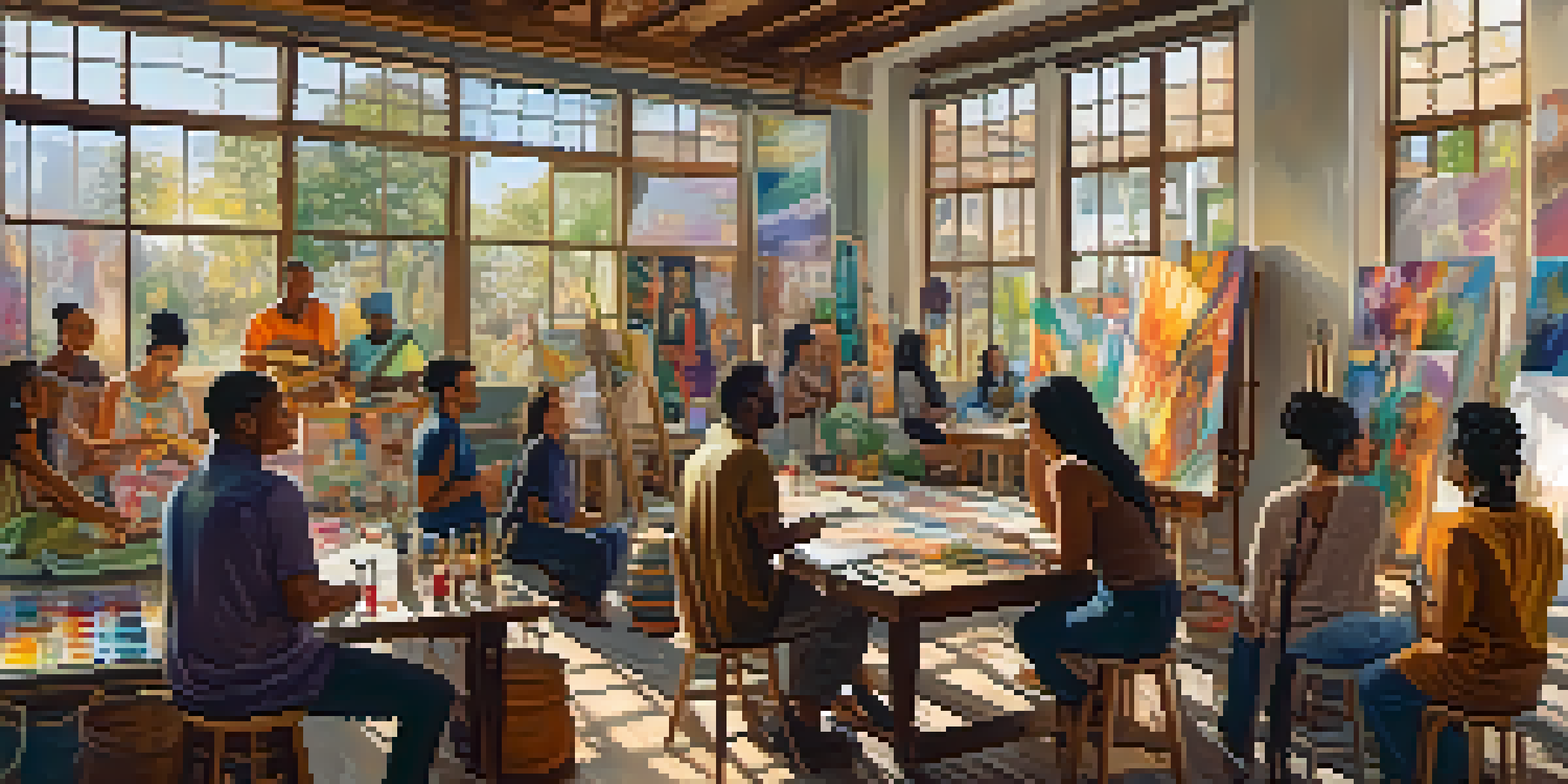 A diverse group of artists collaborating in a colorful art studio, painting on a large canvas with various art supplies around.