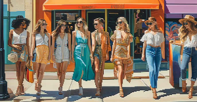 A group of fashion influencers in Austin, dressed in diverse styles against a colorful mural backdrop, engaging with each other in a lively street scene.
