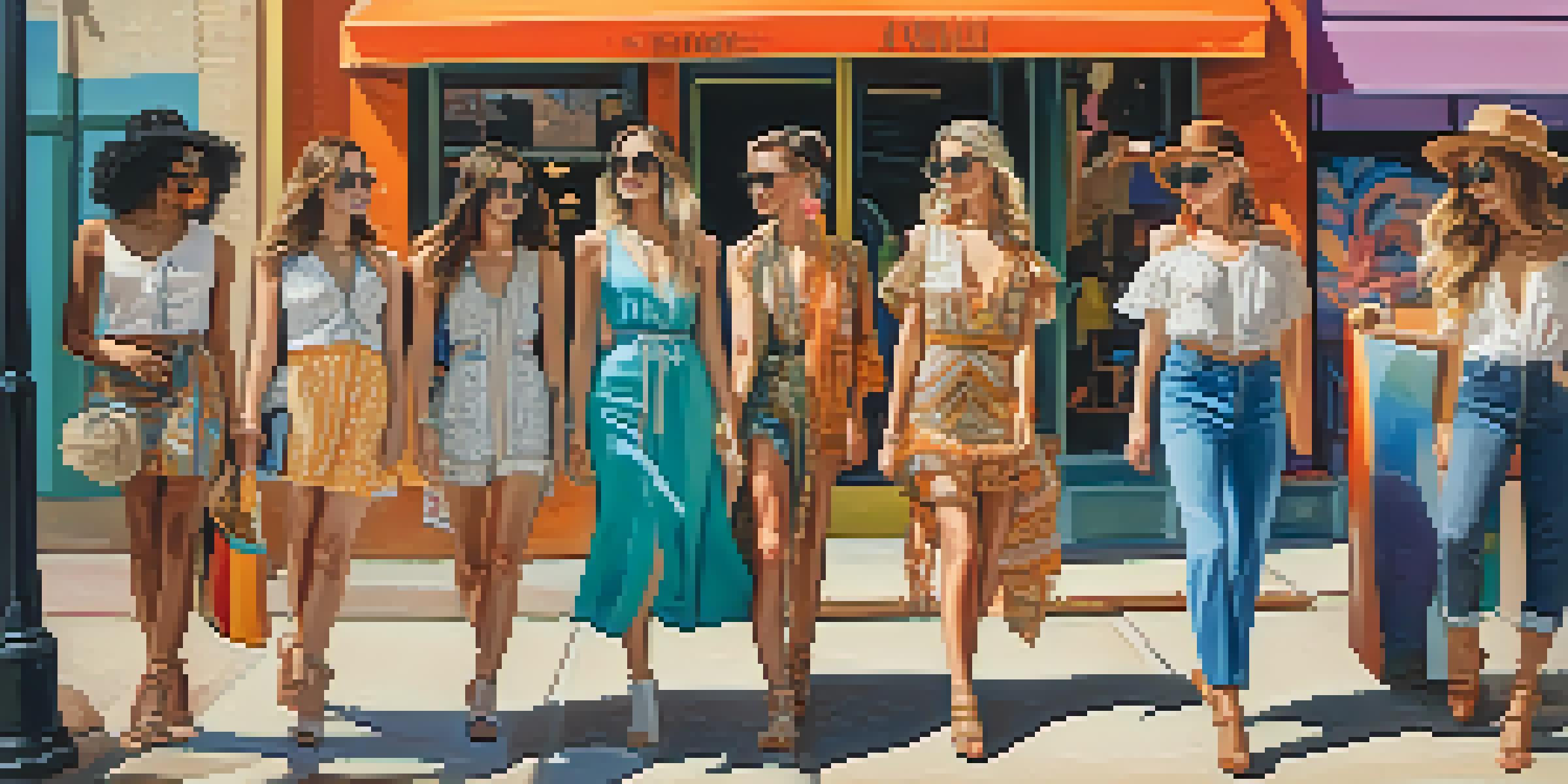 A group of fashion influencers in Austin, dressed in diverse styles against a colorful mural backdrop, engaging with each other in a lively street scene.