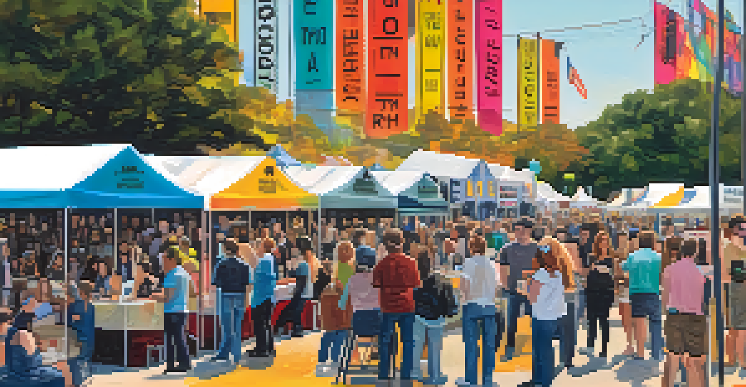 A bustling true crime festival in Austin with booths, attendees engaging in discussions, and colorful banners of podcasts.