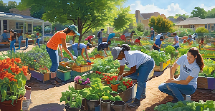 A group of diverse volunteers working in a colorful community garden under bright sunlight.