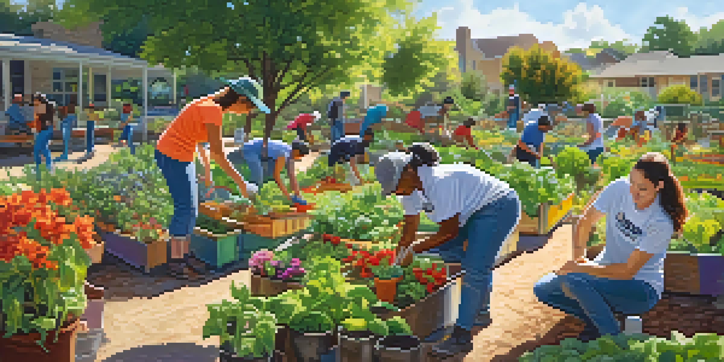 A group of diverse volunteers working in a colorful community garden under bright sunlight.