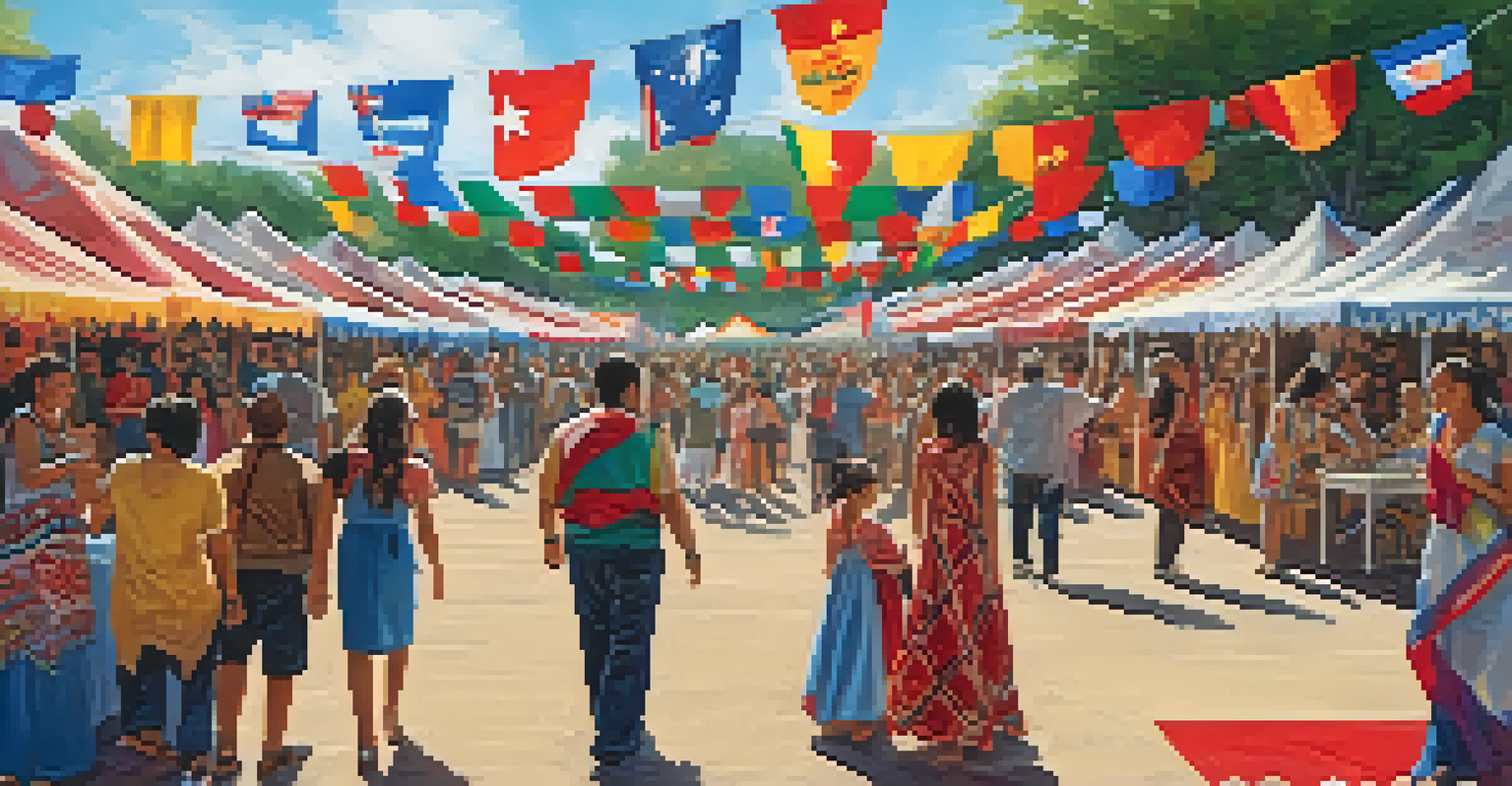 An international festival in Austin featuring cultural booths, food stalls, and live performances with families enjoying the event, surrounded by flags from various countries.