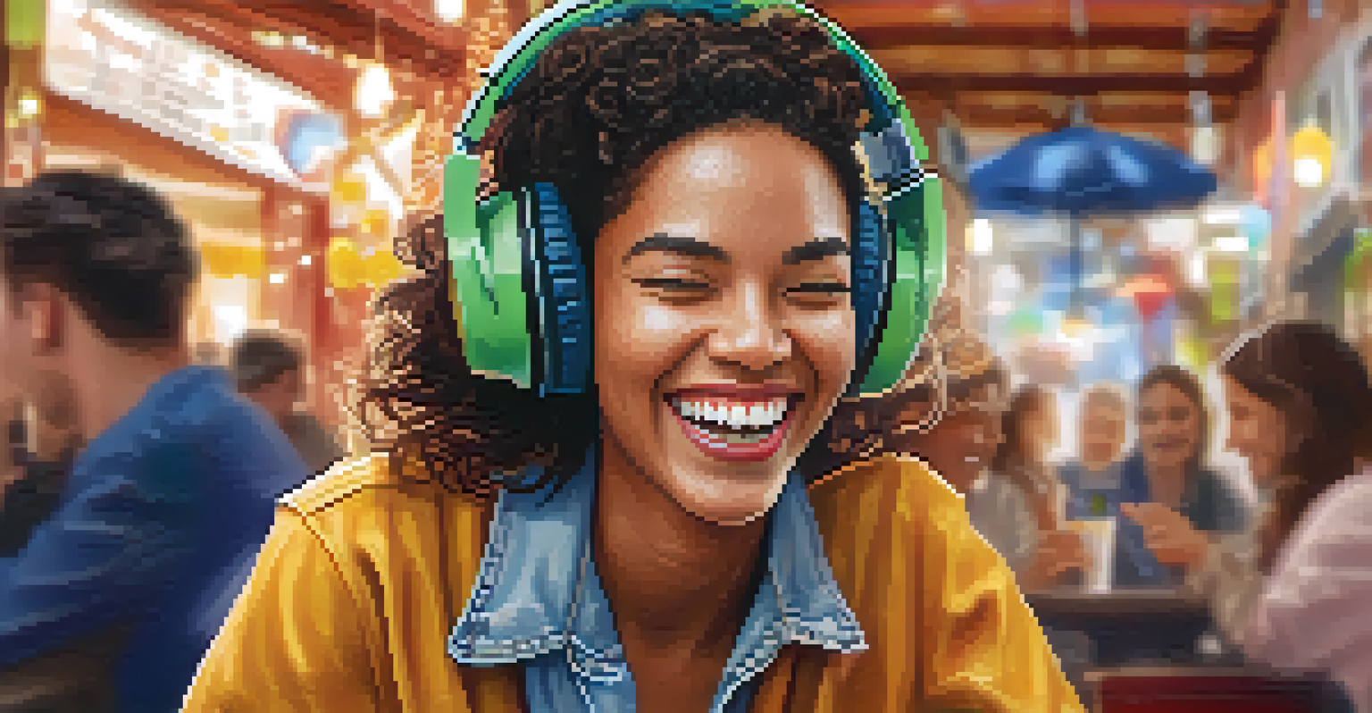 A person laughing while listening to a comedy podcast on their smartphone, with a blurred café background.