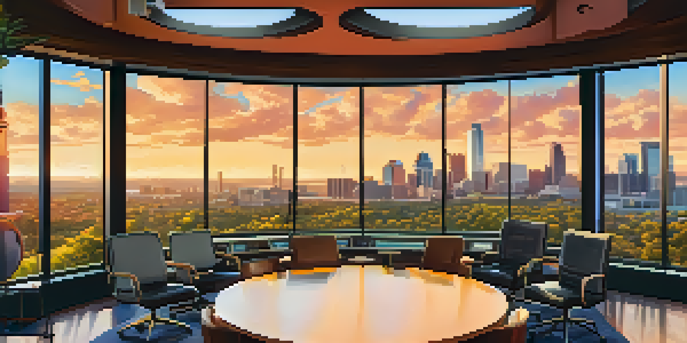 A lively podcast studio in Austin with diverse hosts discussing around a round table, overlooking the Austin skyline at sunset.