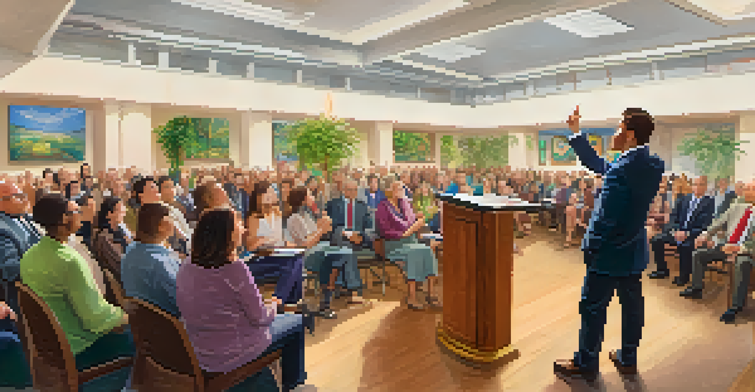 A city council member speaking to an engaged audience with attendees raising their hands to participate.