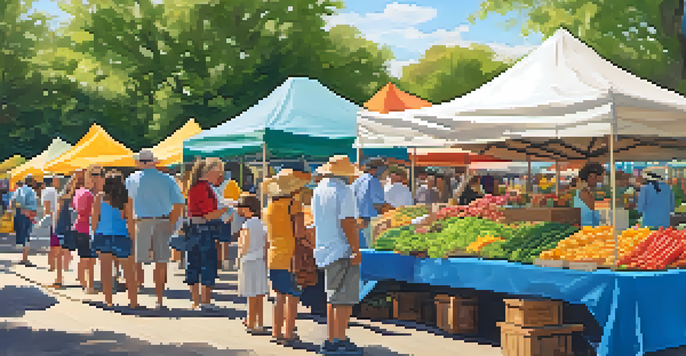 A lively farmers' market in Austin with diverse people engaging with vendors and colorful stalls filled with fresh produce and crafts.