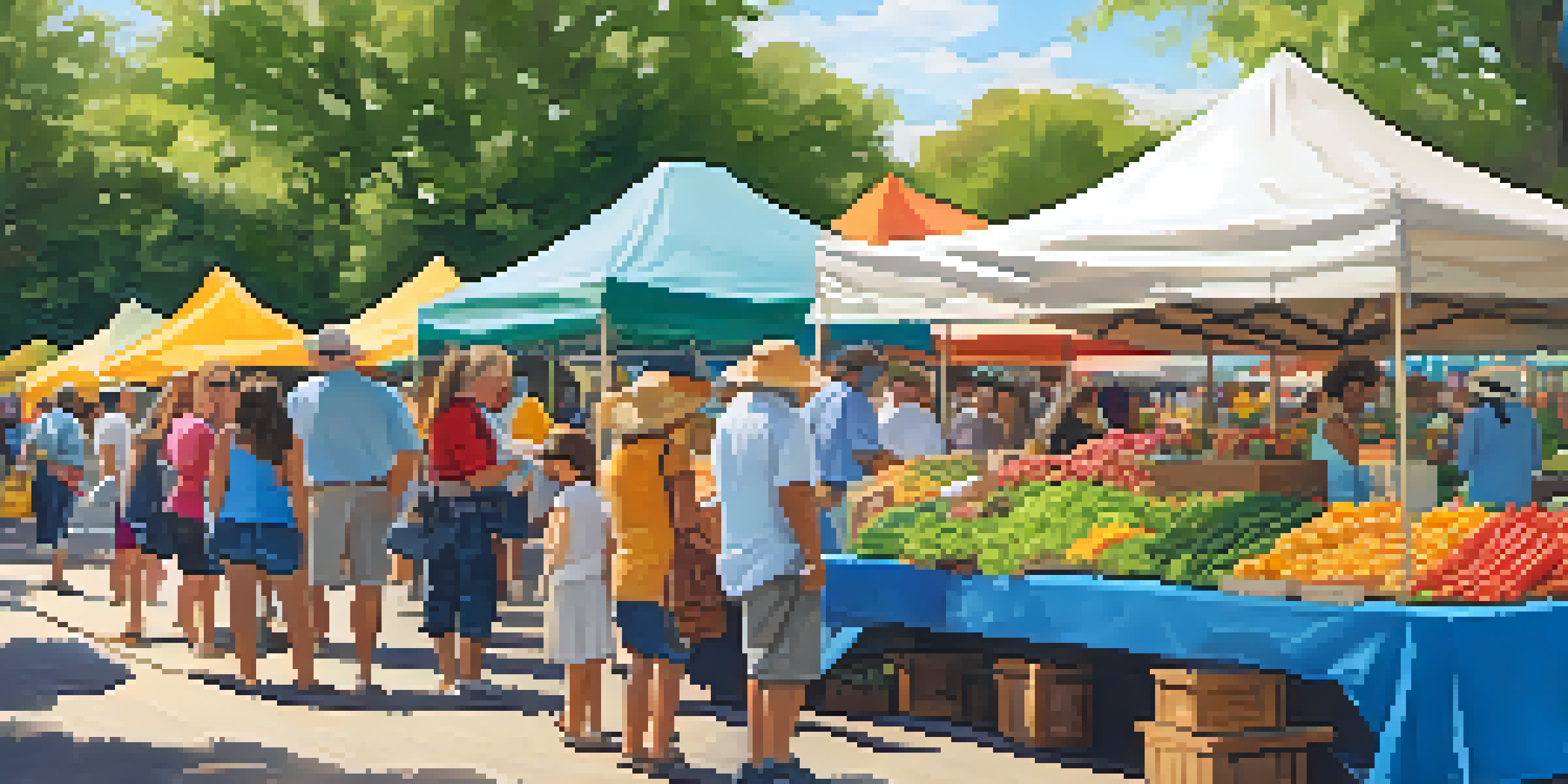 A lively farmers' market in Austin with diverse people engaging with vendors and colorful stalls filled with fresh produce and crafts.