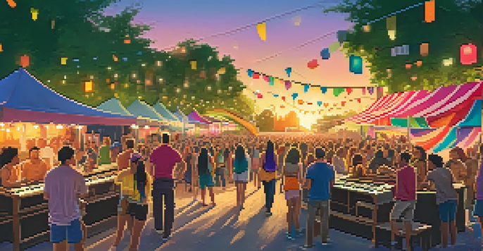 A lively music festival in Austin with a diverse crowd, musicians, colorful banners, and food stalls during sunset.