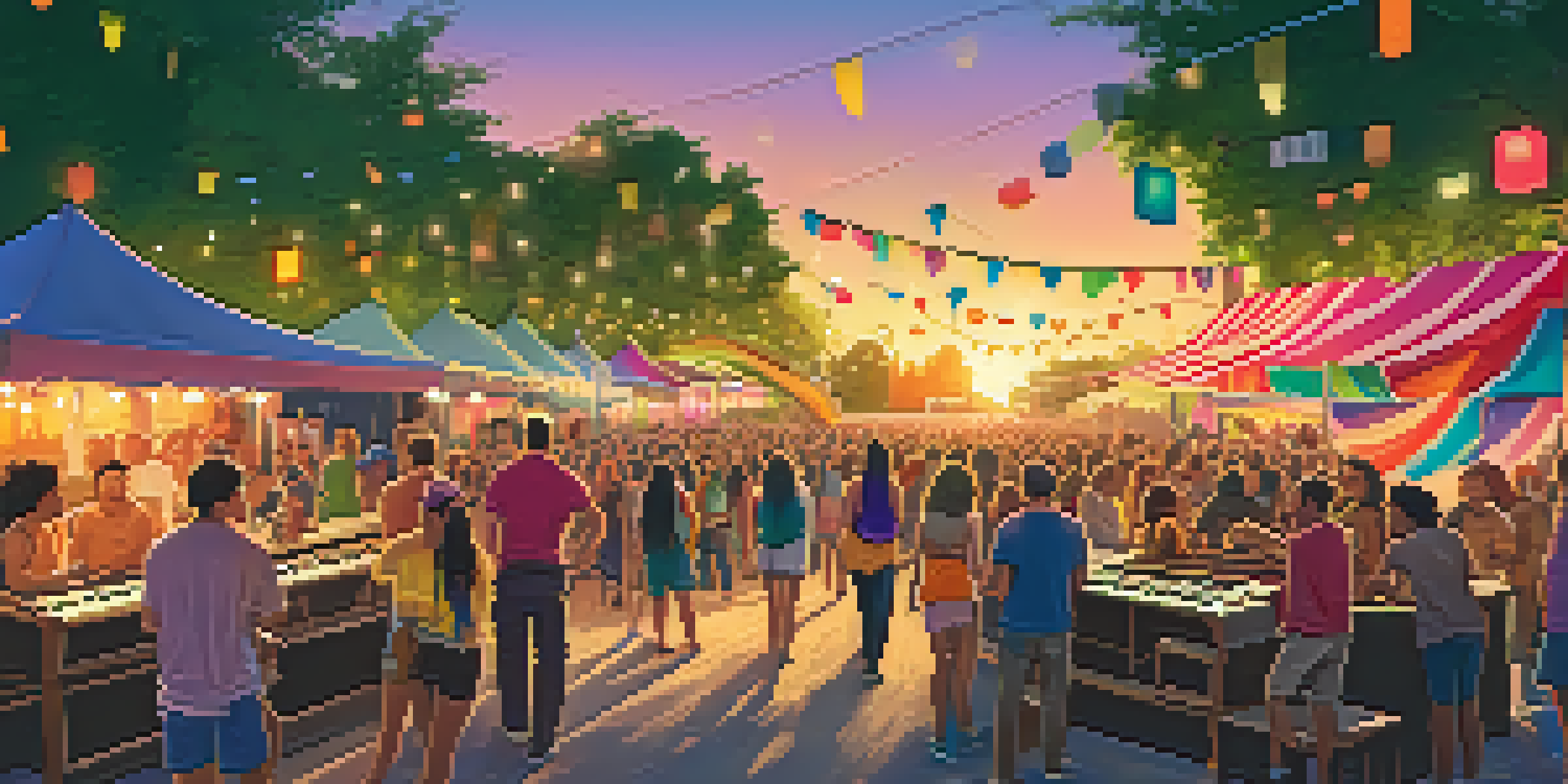 A lively music festival in Austin with a diverse crowd, musicians, colorful banners, and food stalls during sunset.