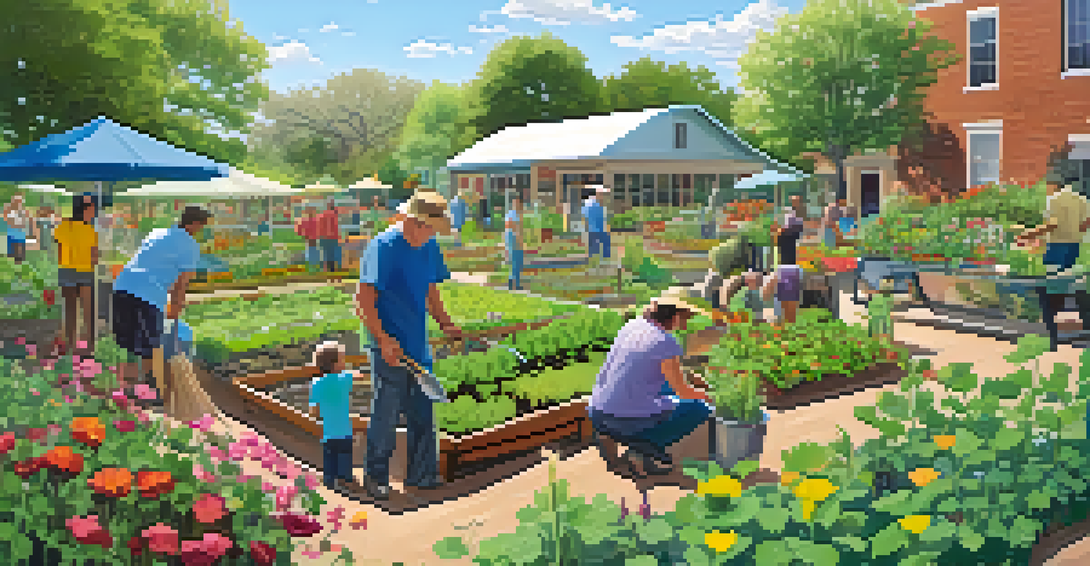 A community garden in Austin, featuring residents planting seeds and learning about gardening in a vibrant, lush environment.