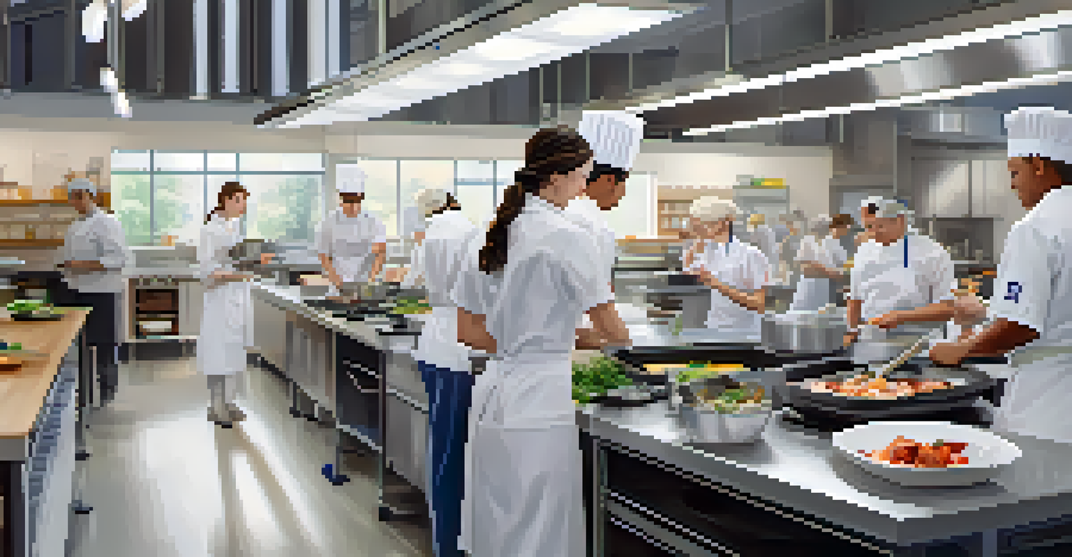 Culinary students cooking in a classroom filled with modern kitchen equipment, illuminated by sunlight.