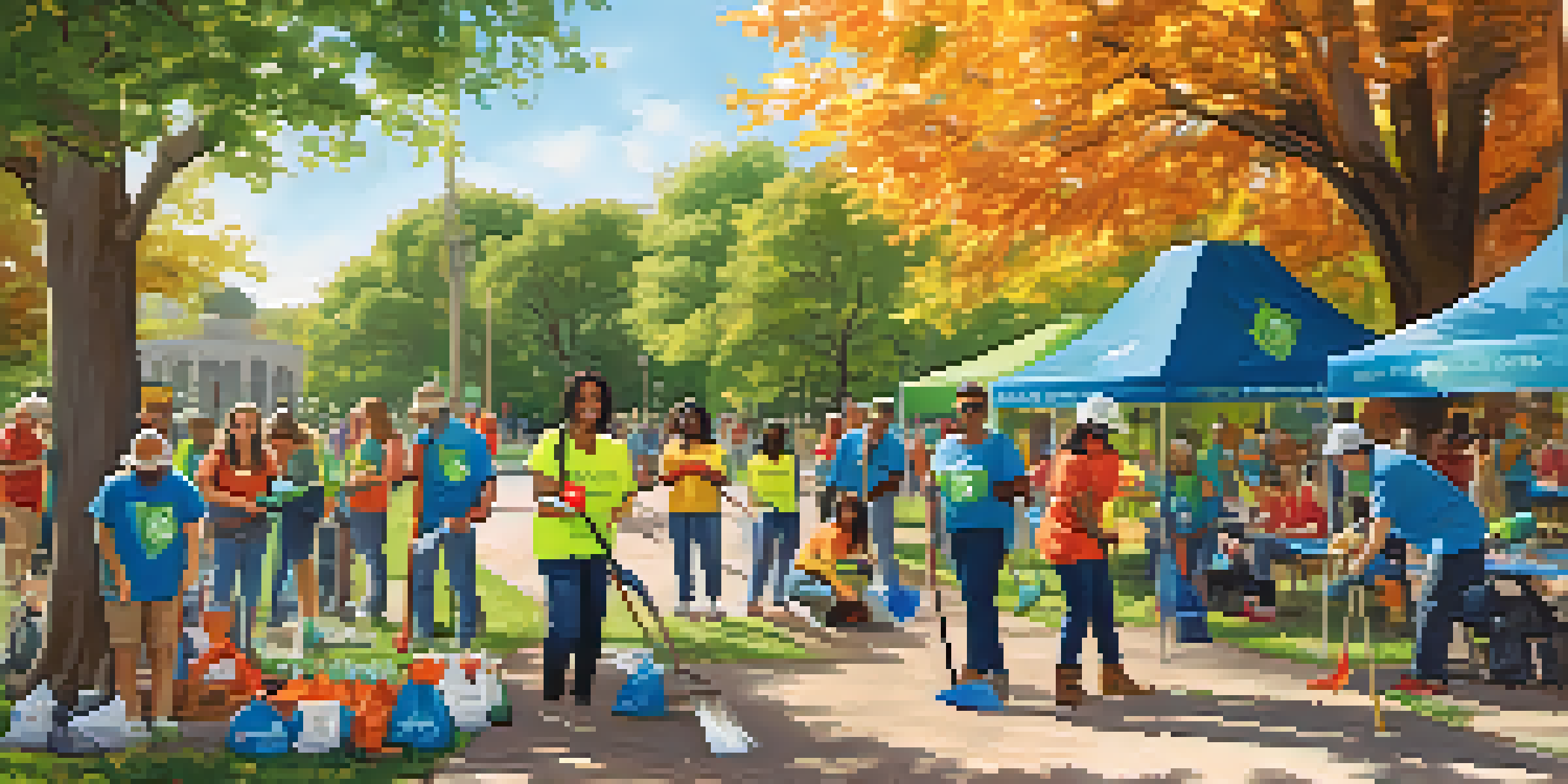 A group of diverse volunteers cleaning up a park in Austin, with smiles and teamwork, surrounded by trees and colorful banners.