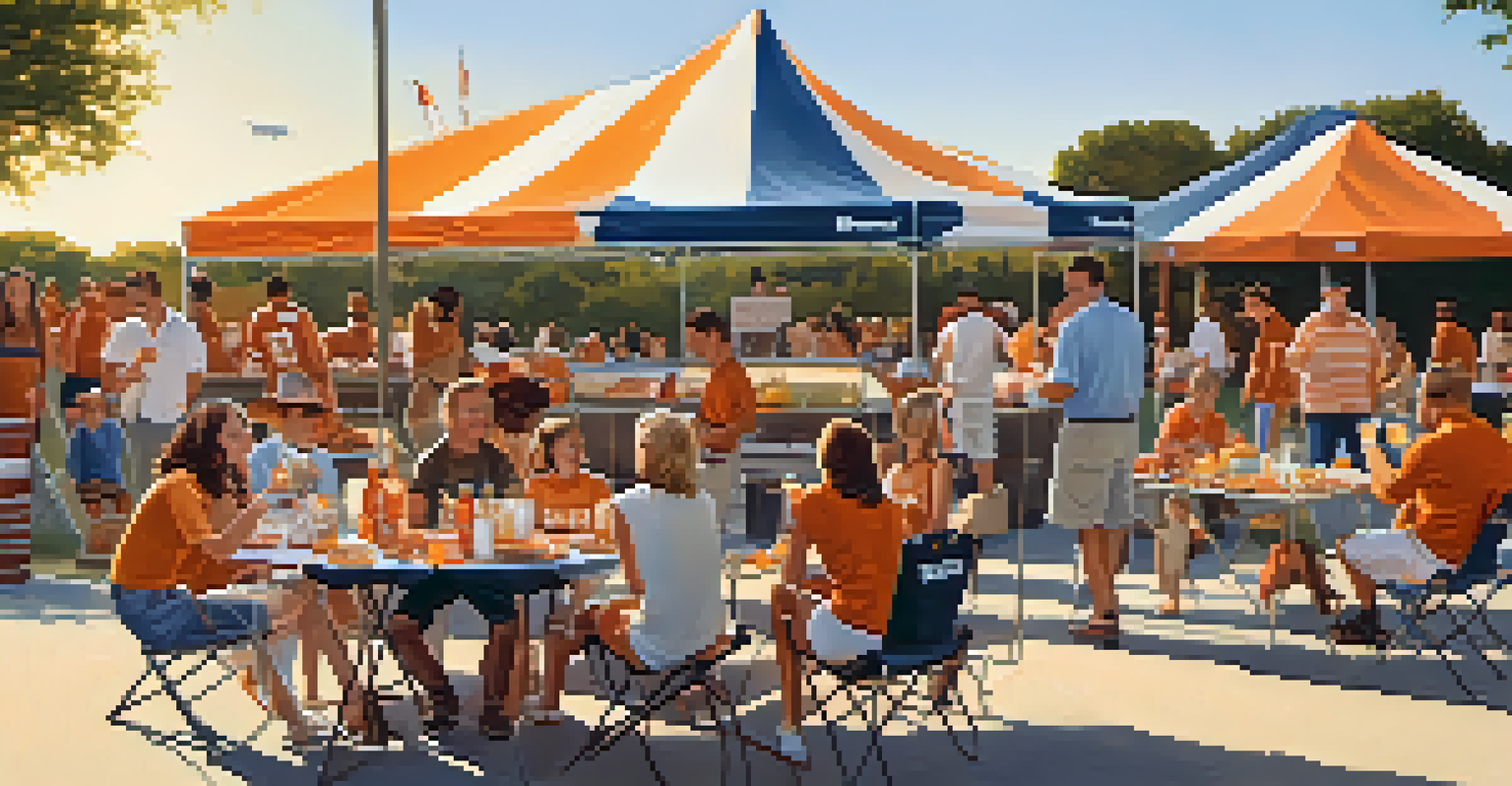 Families and friends tailgating with food and decorations before a Texas Longhorns football game.