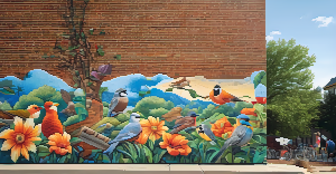 A colorful mural on a brick building showcasing local wildlife and flora, illuminated by sunlight.
