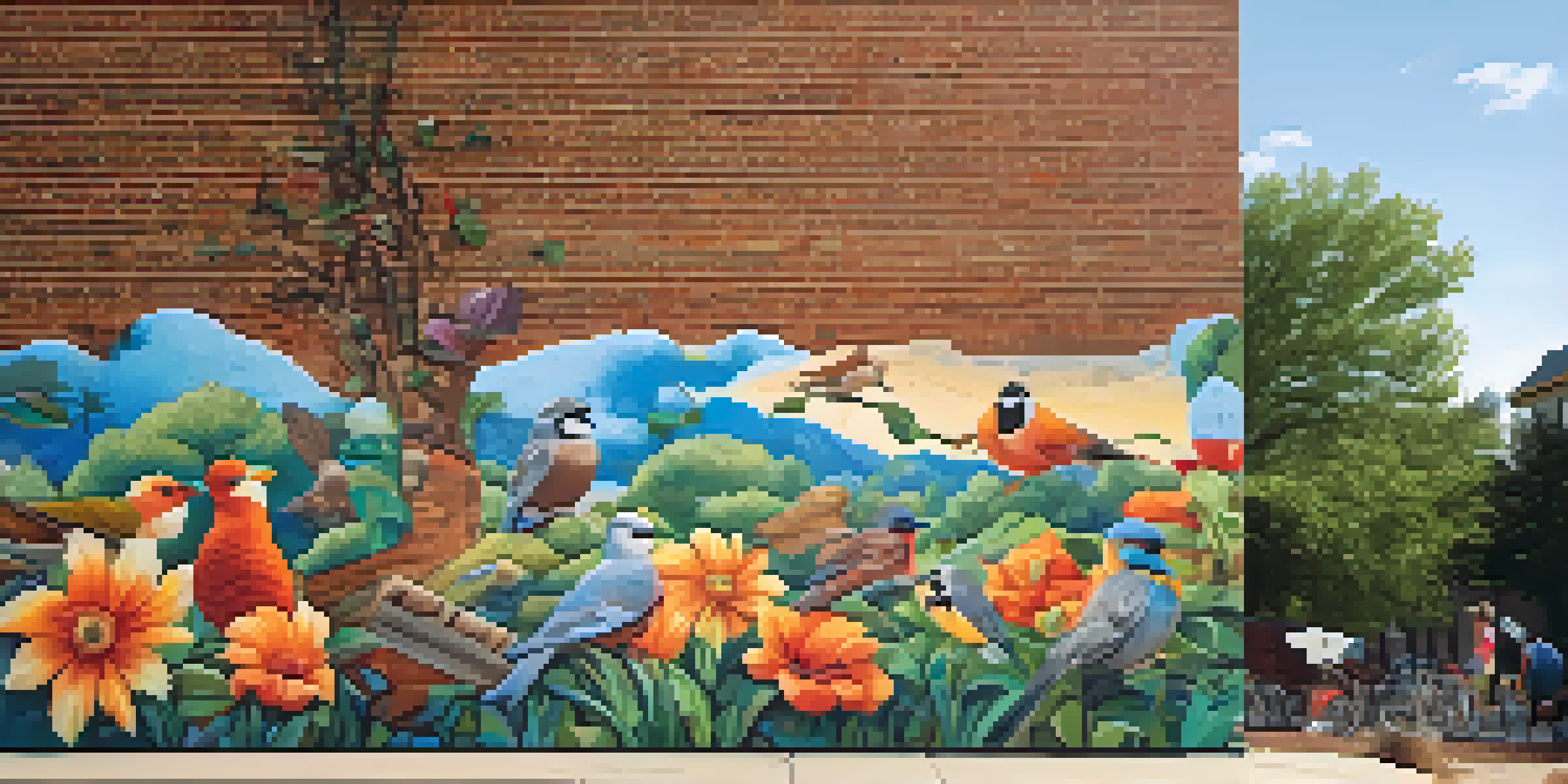 A colorful mural on a brick building showcasing local wildlife and flora, illuminated by sunlight.