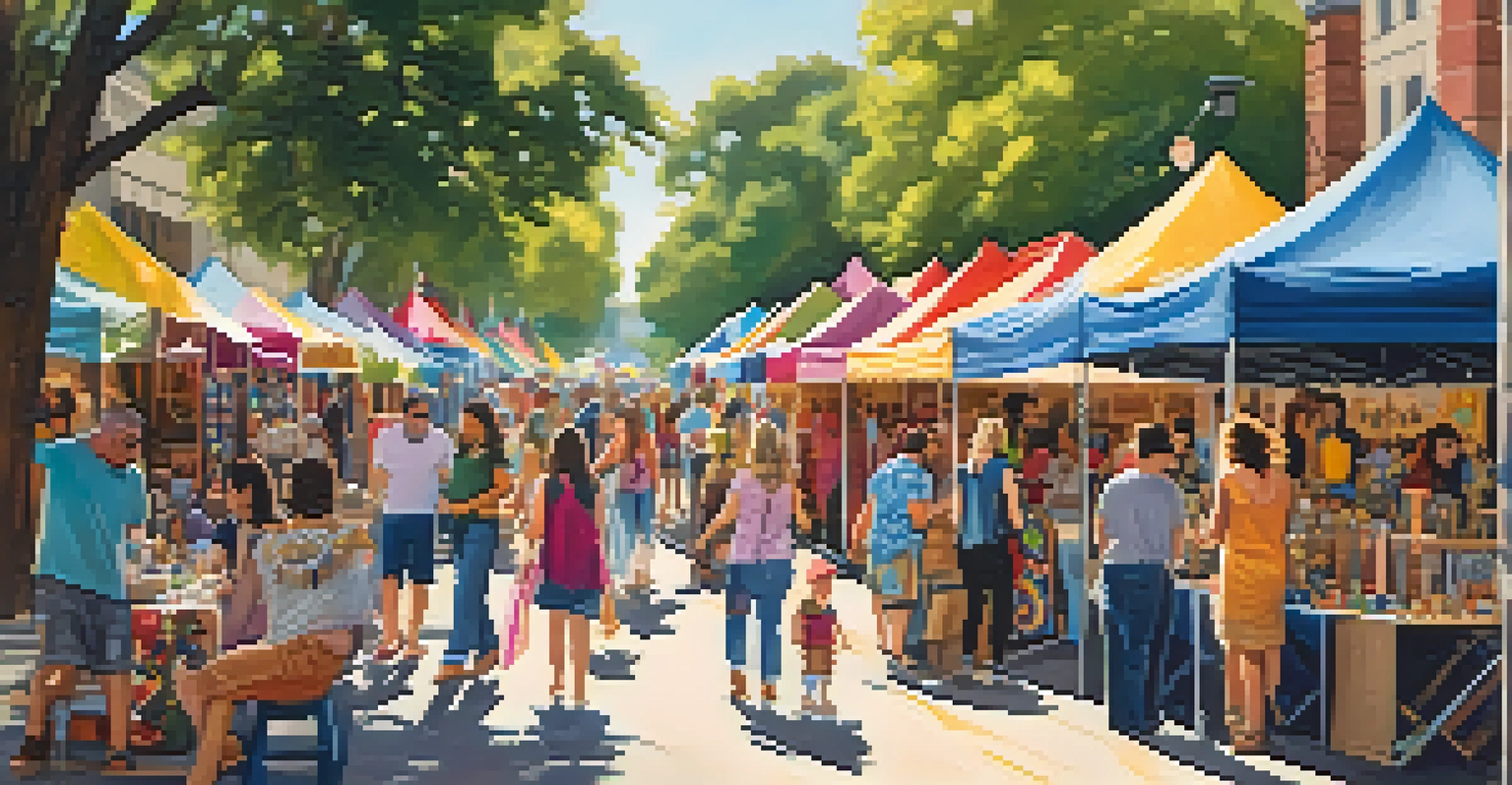 A vibrant scene at the Pecan Street Festival in Austin, featuring artisans and families enjoying crafts and music.