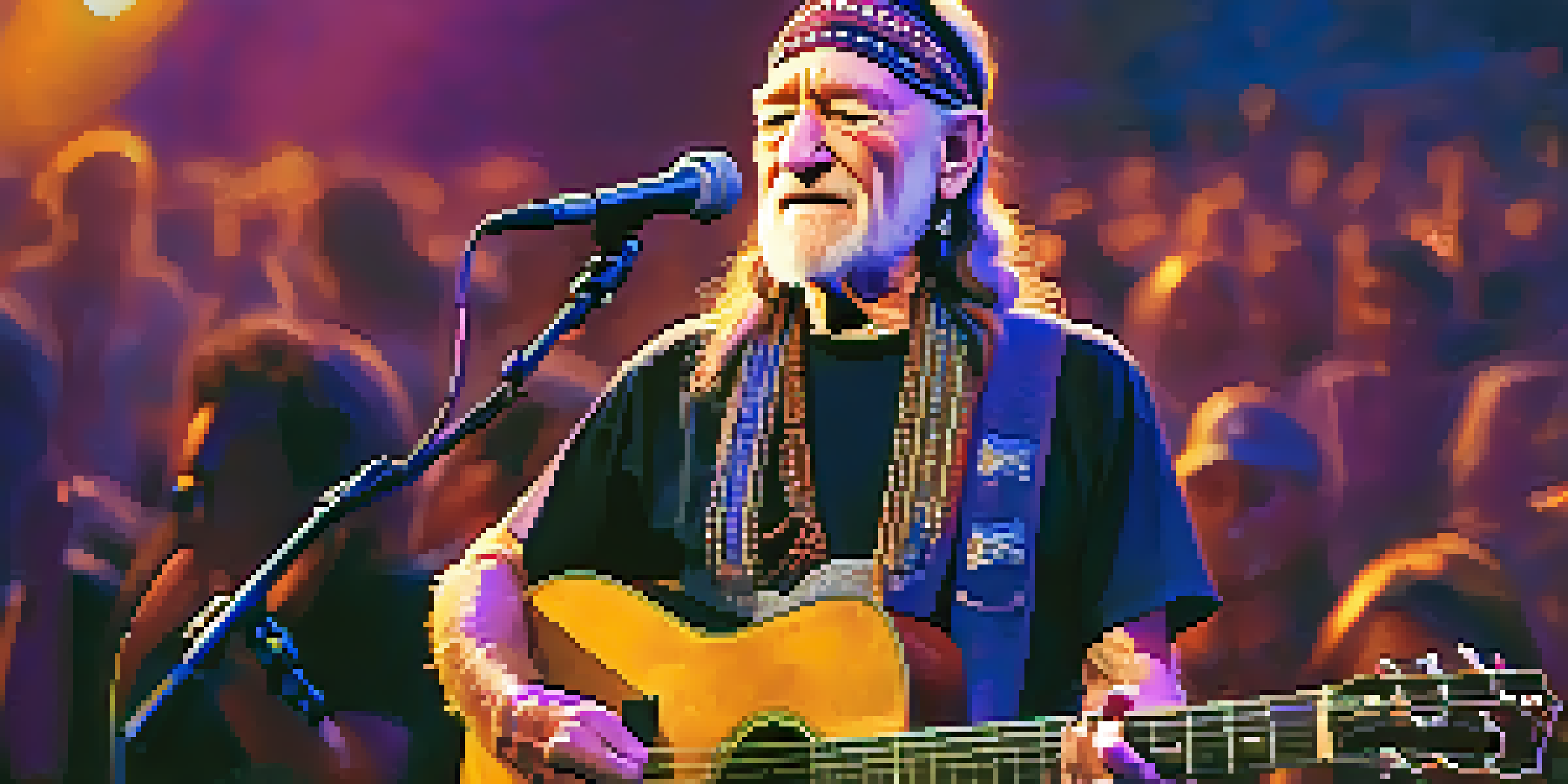 Willie Nelson performing on stage, wearing a bandana and braids, with a warm spotlight on his face and a blurred audience in the background.