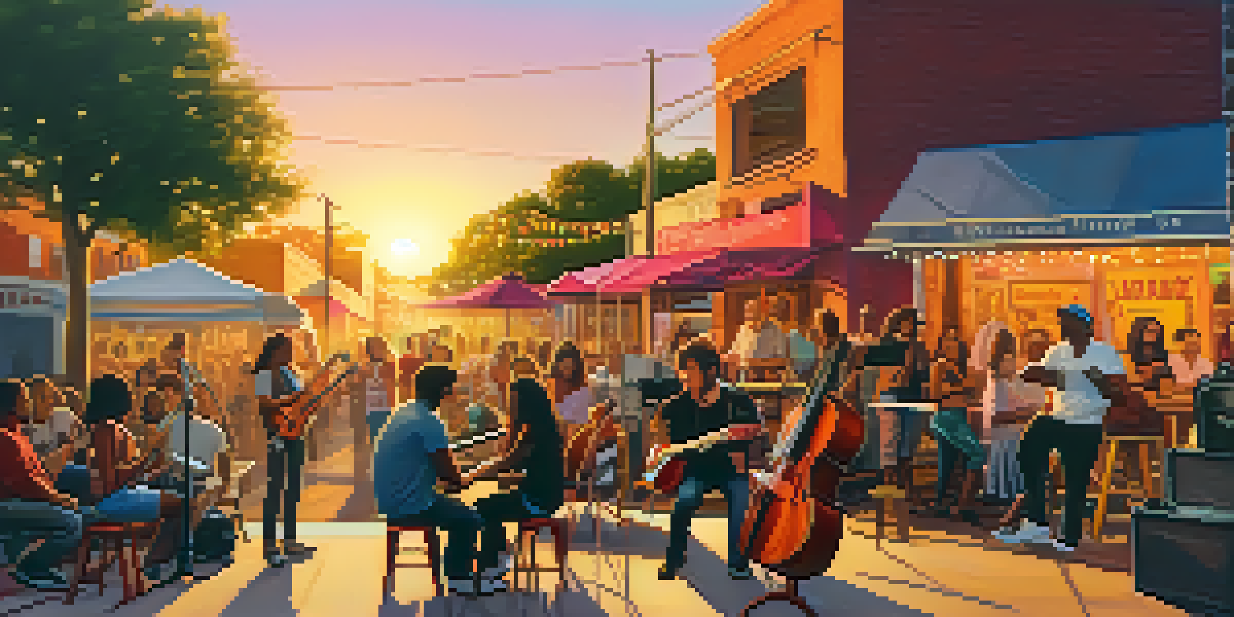 A diverse group of musicians performing on an outdoor stage in Austin during sunset, with an audience enjoying the music and colorful murals in the background.