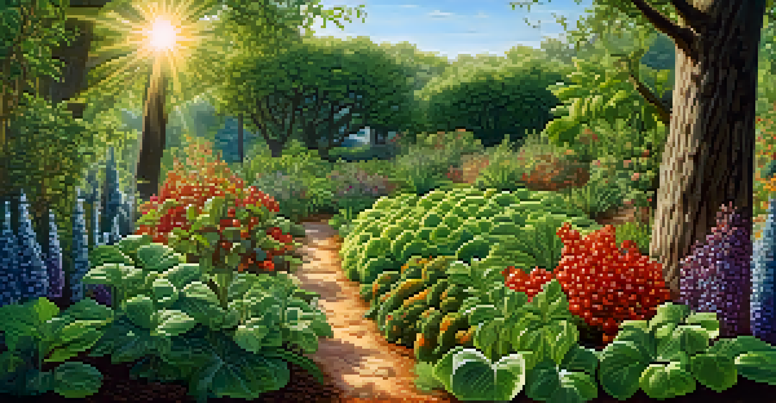 A close-up of a vibrant food forest with different layers of plants, including fruit trees, berry bushes, and ground cover, buzzing with pollinators.