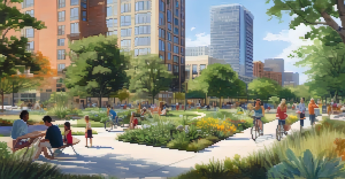 A lively park in Austin featuring native plants, community gardens, and families enjoying outdoor activities, with modern buildings in the background.