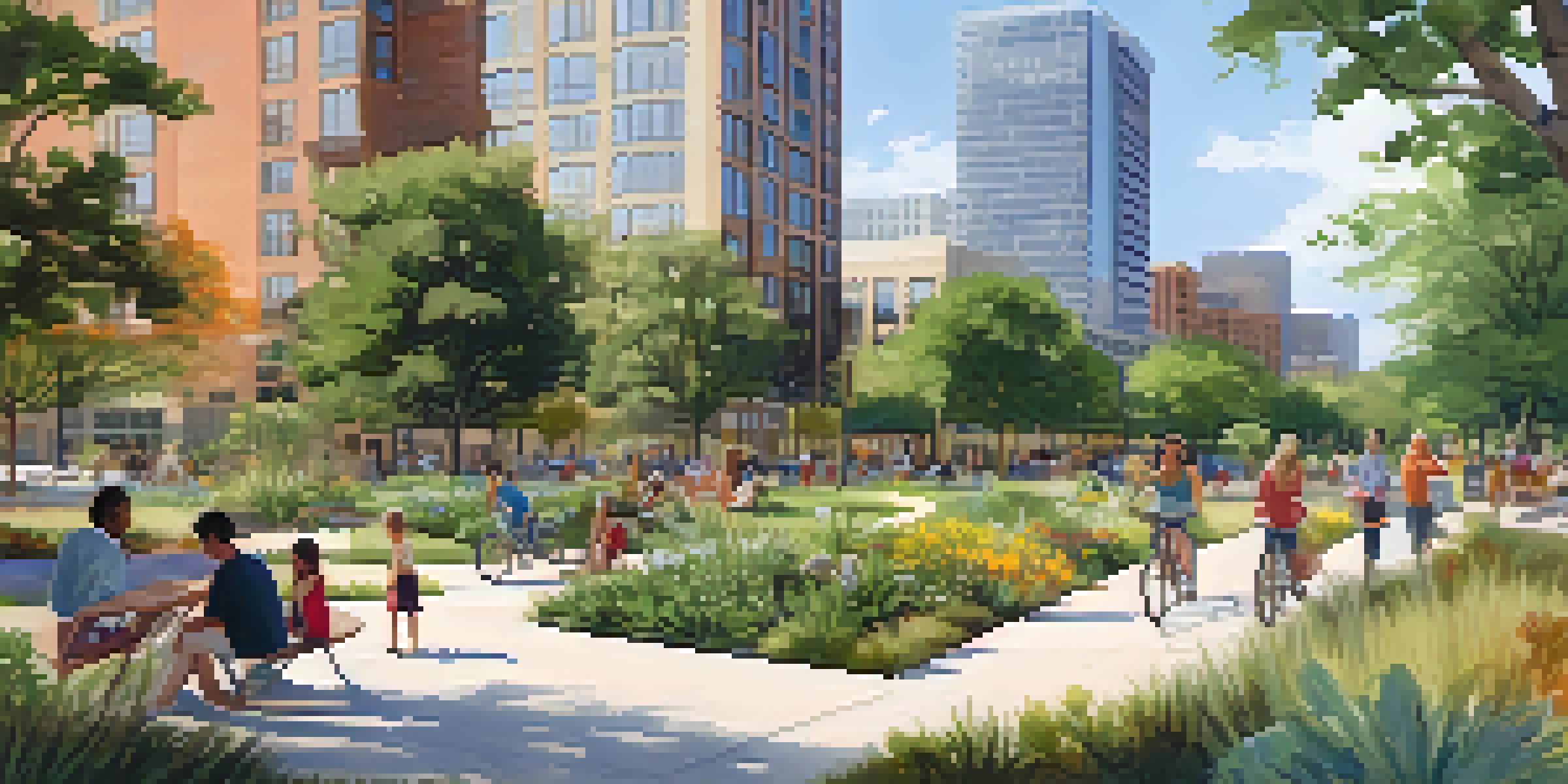 A lively park in Austin featuring native plants, community gardens, and families enjoying outdoor activities, with modern buildings in the background.