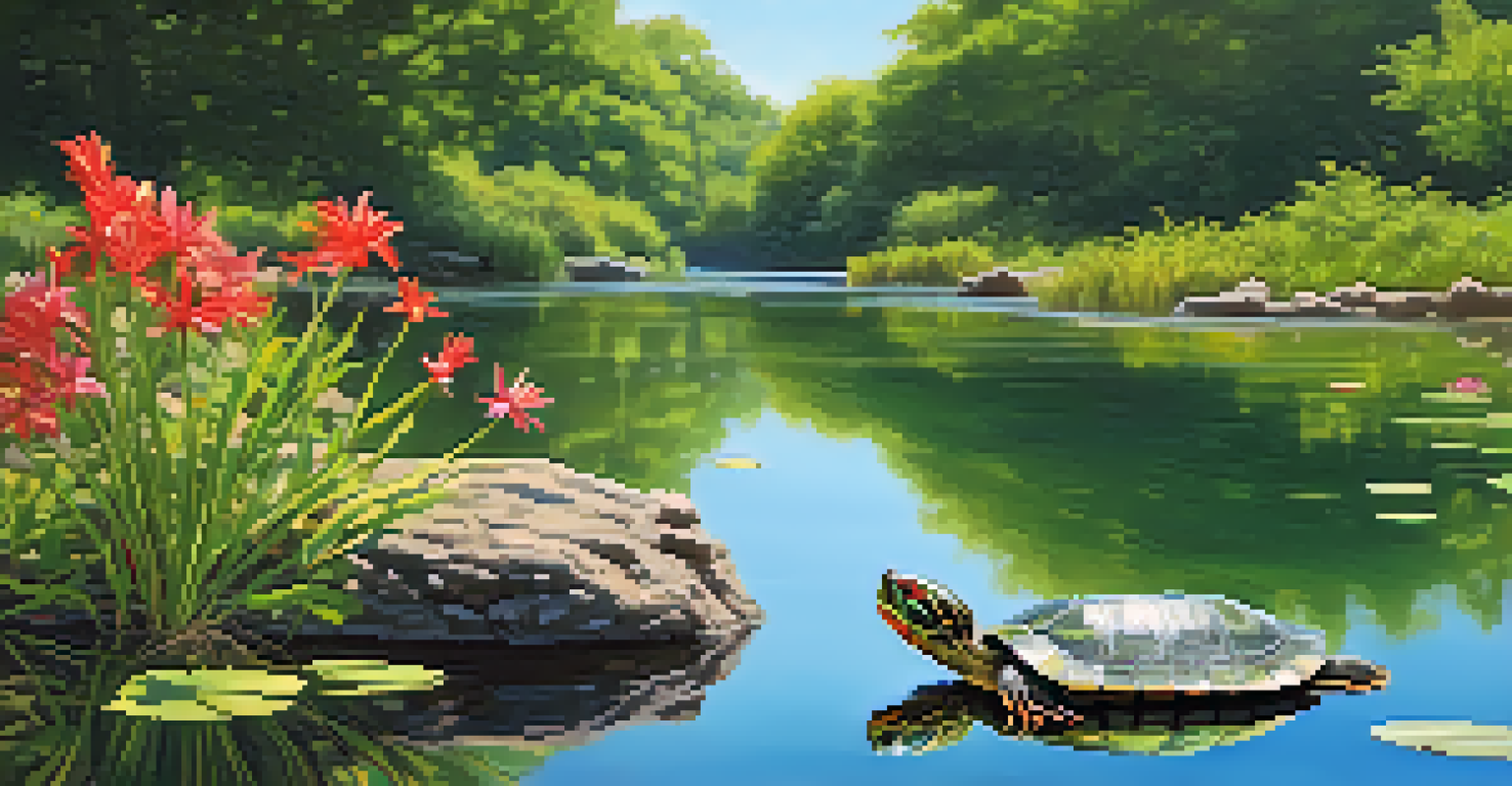 A Red-eared Slider turtle basking on a rock at the edge of a pond, surrounded by colorful butterflies and lush greenery in a serene park setting.