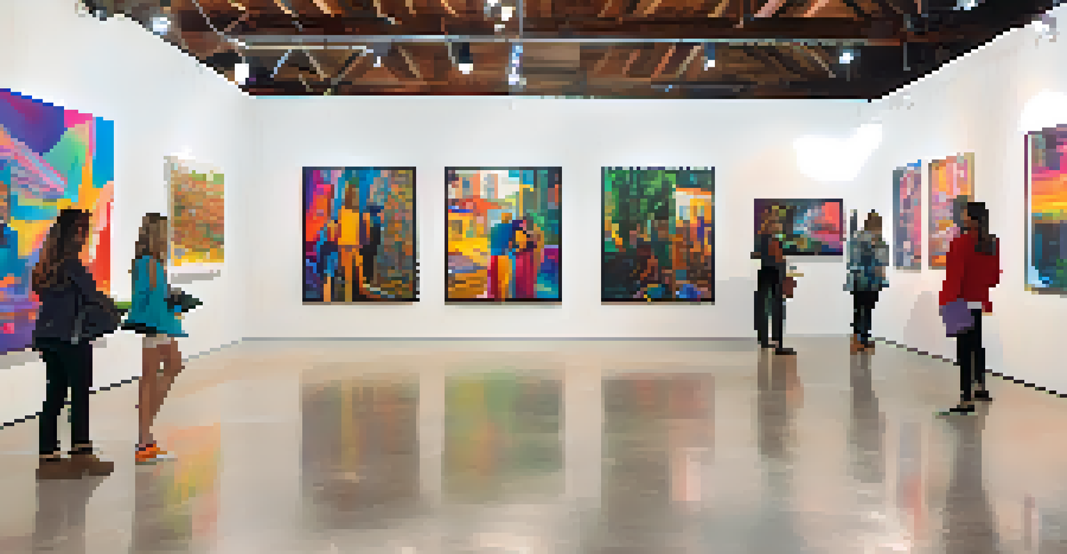 A pop-up gallery in Austin showcasing diverse artworks with visitors engaging with the installations and information panels.