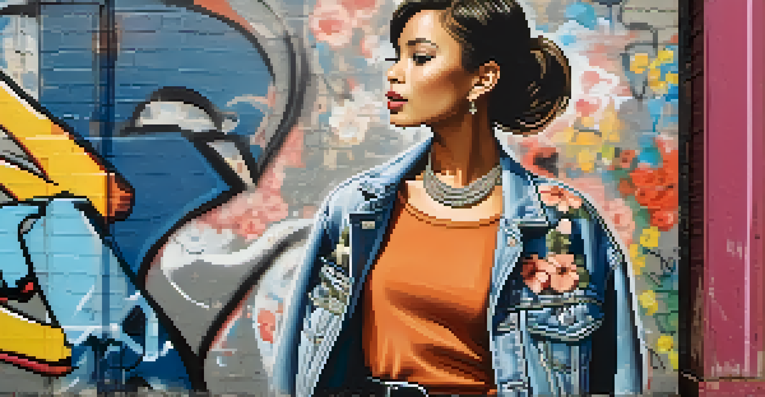 A person wearing a vintage floral dress and modern denim jacket, posing confidently against a colorful graffiti wall.
