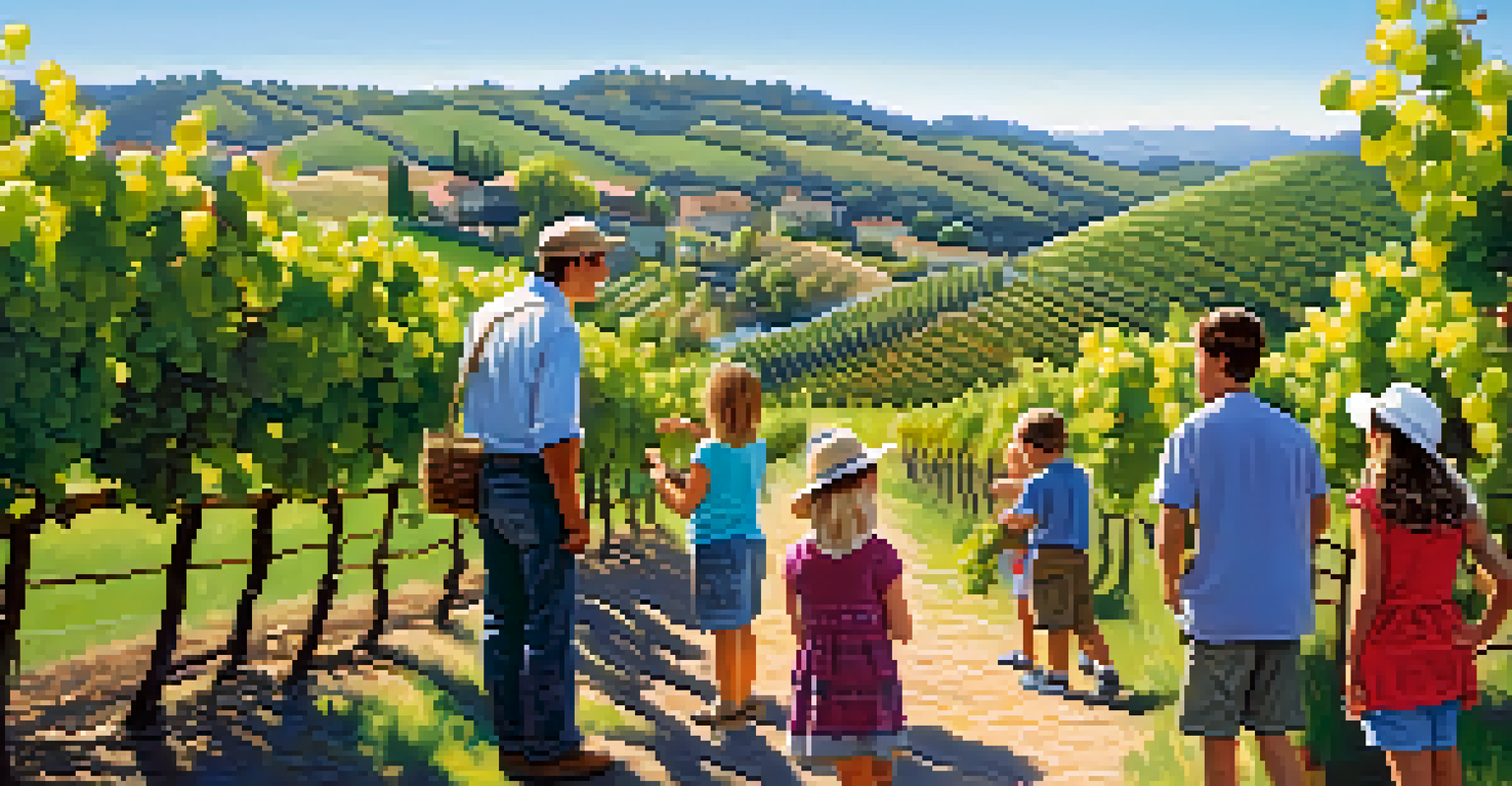 Children learning about winemaking in a vineyard with a guide, surrounded by grapevines and hills.