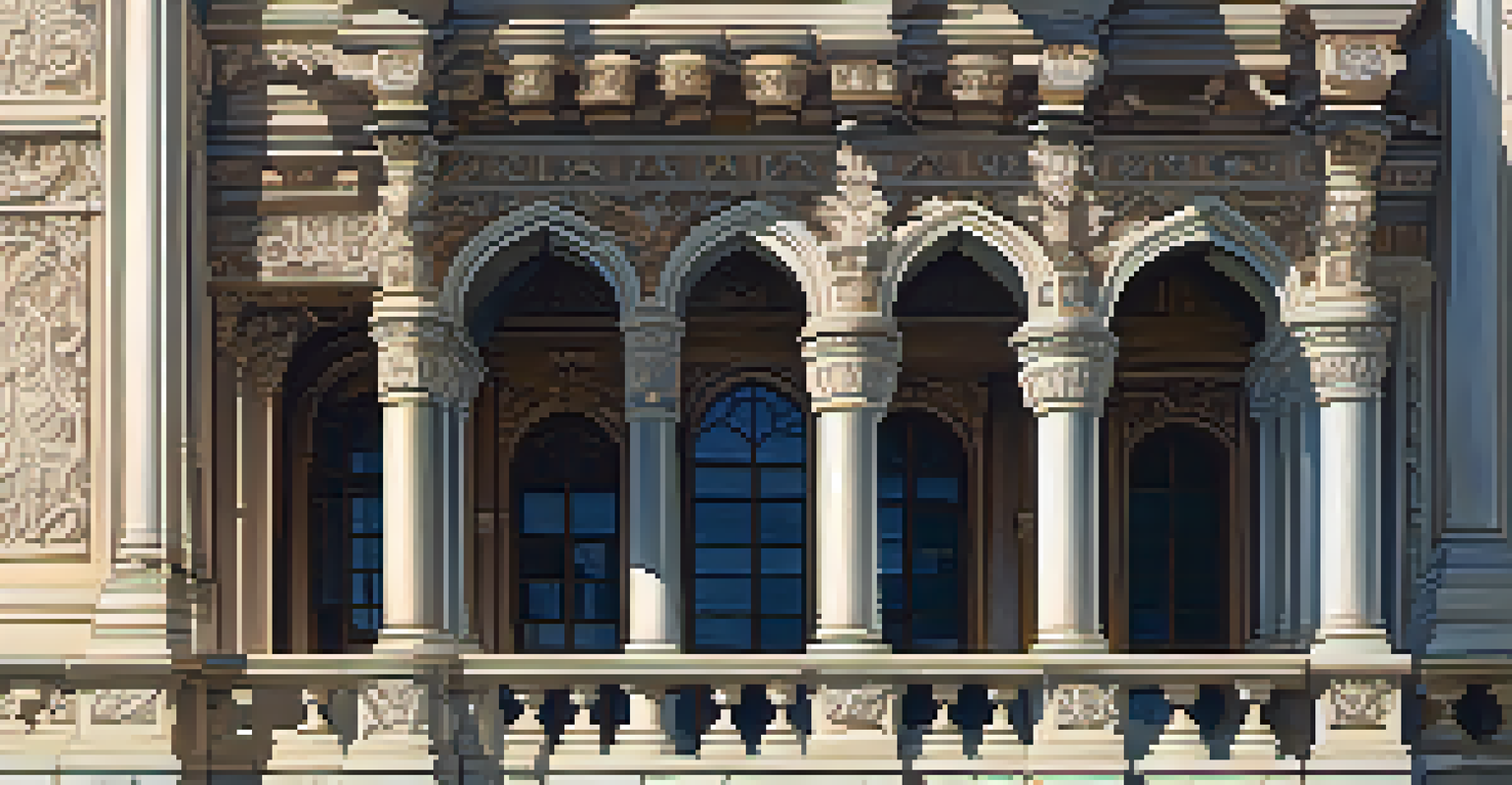 A close-up of a historic landmark, highlighting its ornate carvings and textures with sunlight creating dramatic shadows.