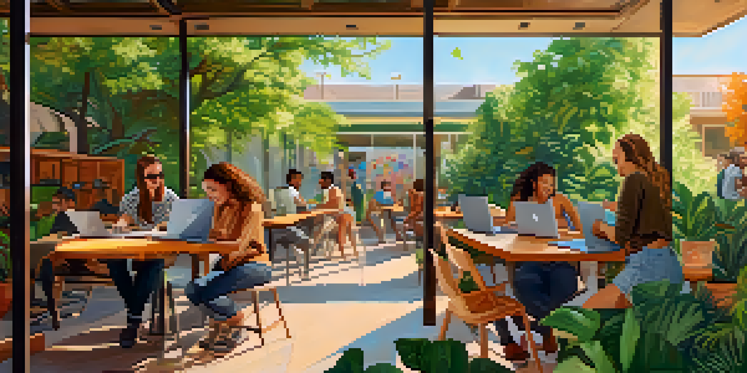 A lively outdoor coworking space in Austin with diverse individuals working on laptops amidst greenery and colorful murals under warm sunlight.