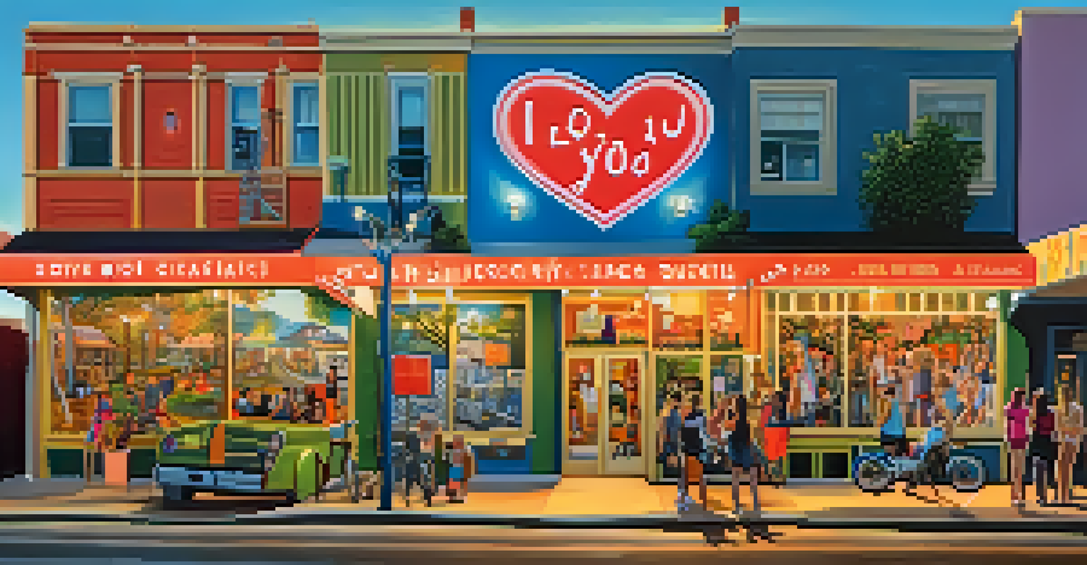 A lively street scene on South Congress Avenue with colorful murals and illuminated shops during the evening.