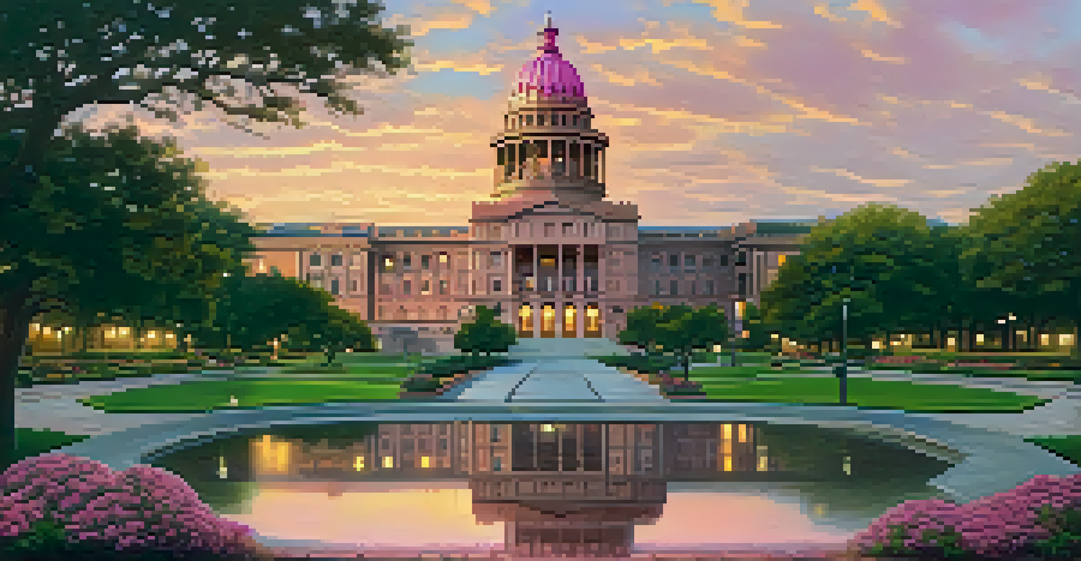 The Texas State Capitol building at sunset, with golden light reflecting off its pink granite facade and lush gardens.