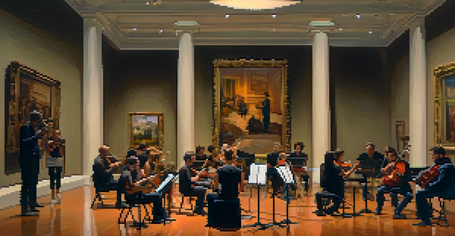 An intimate indoor concert at the Blanton Museum of Art, featuring musicians performing among beautiful art pieces.