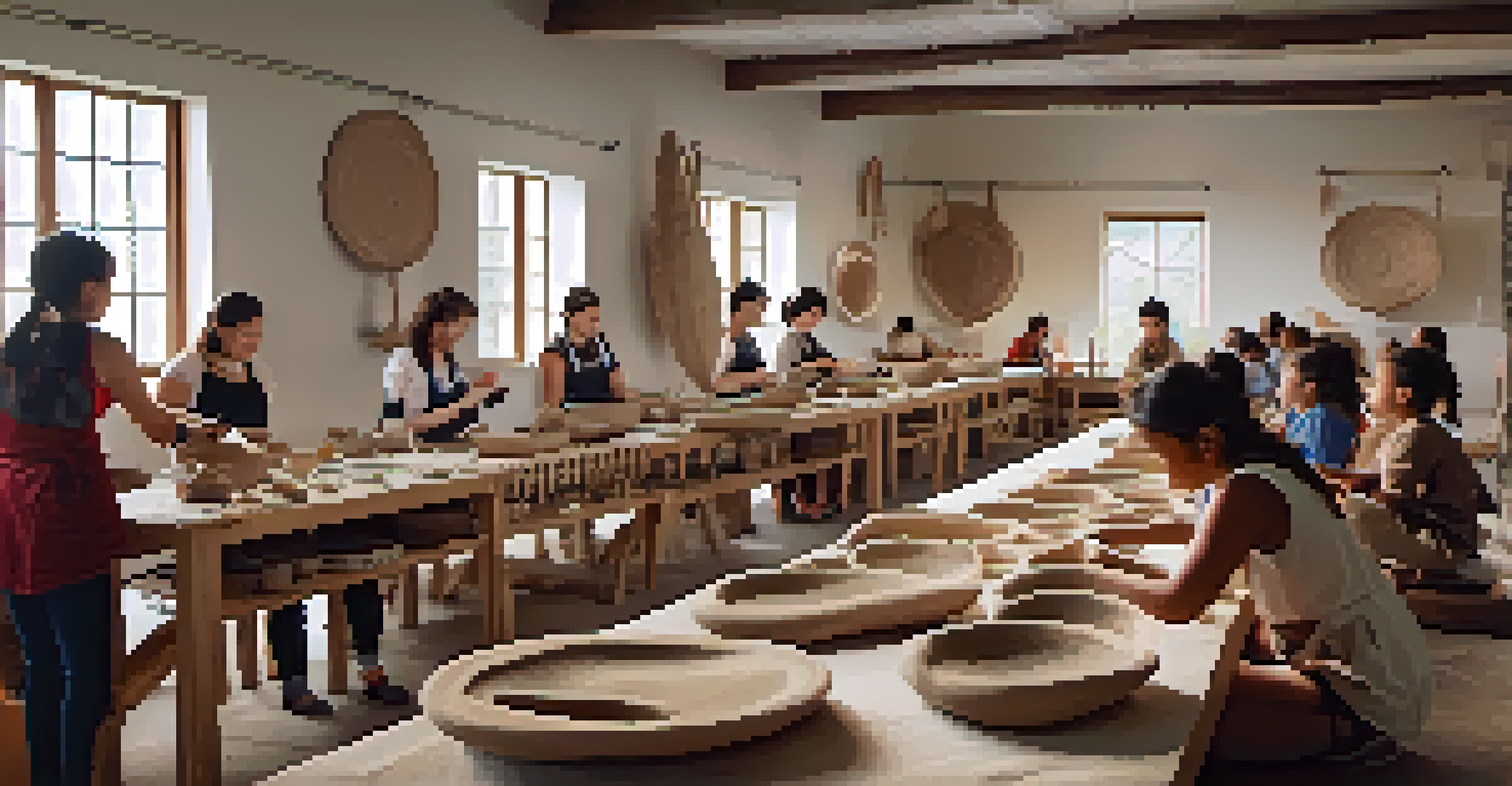 An interactive workshop with participants crafting traditional artifacts, surrounded by natural light and a creative atmosphere.