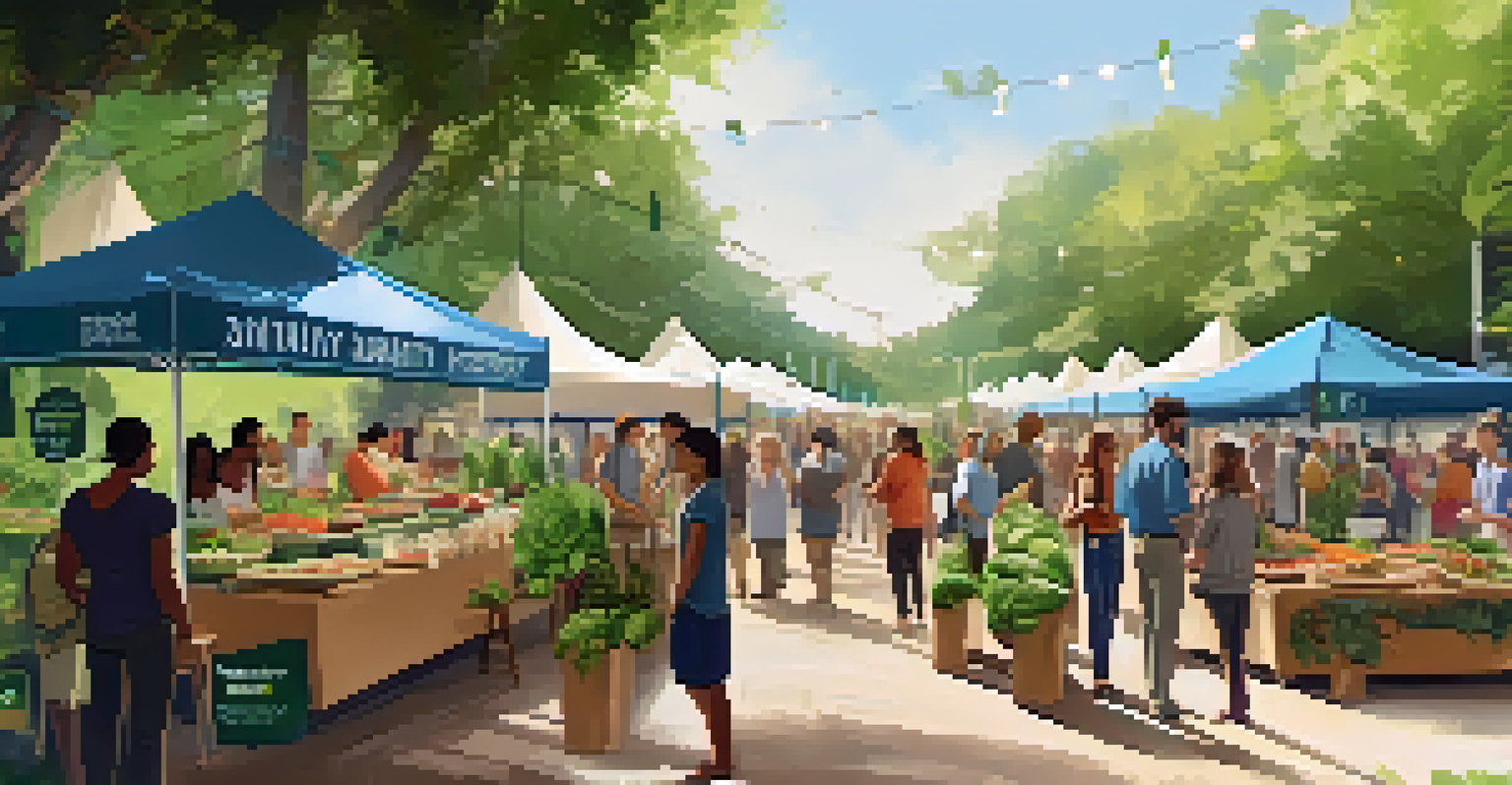 A sustainable festival scene with a food vendor booth made from eco-friendly materials, featuring local produce and attendees enjoying plant-based dishes.