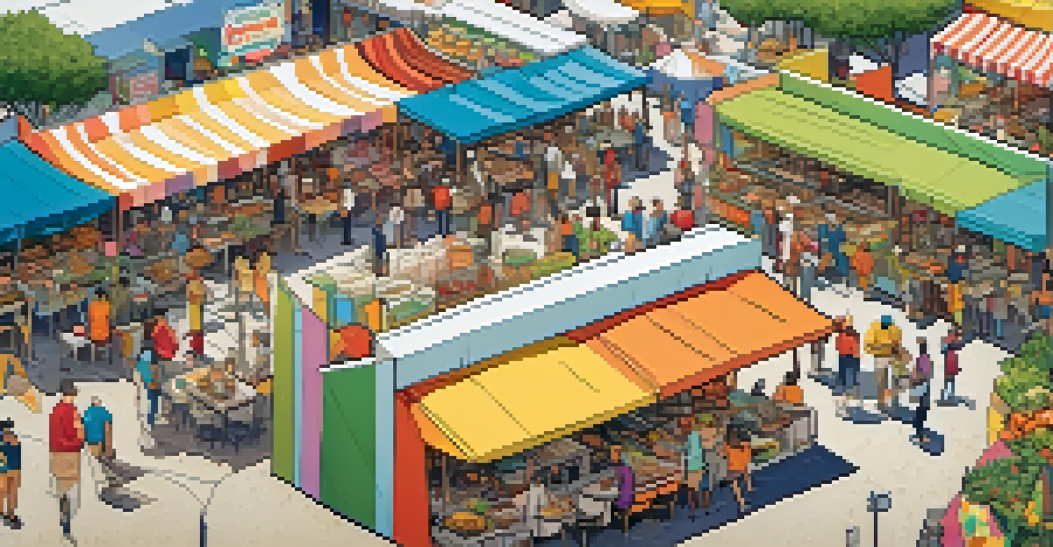 An aerial view of a busy food festival in Austin, highlighting diverse dishes and a multicultural crowd.