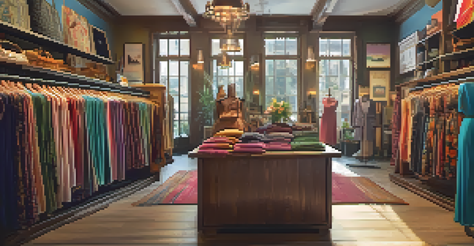An interior view of a charming vintage boutique with colorful clothing and accessories, warm lighting, and a shopkeeper helping a customer.