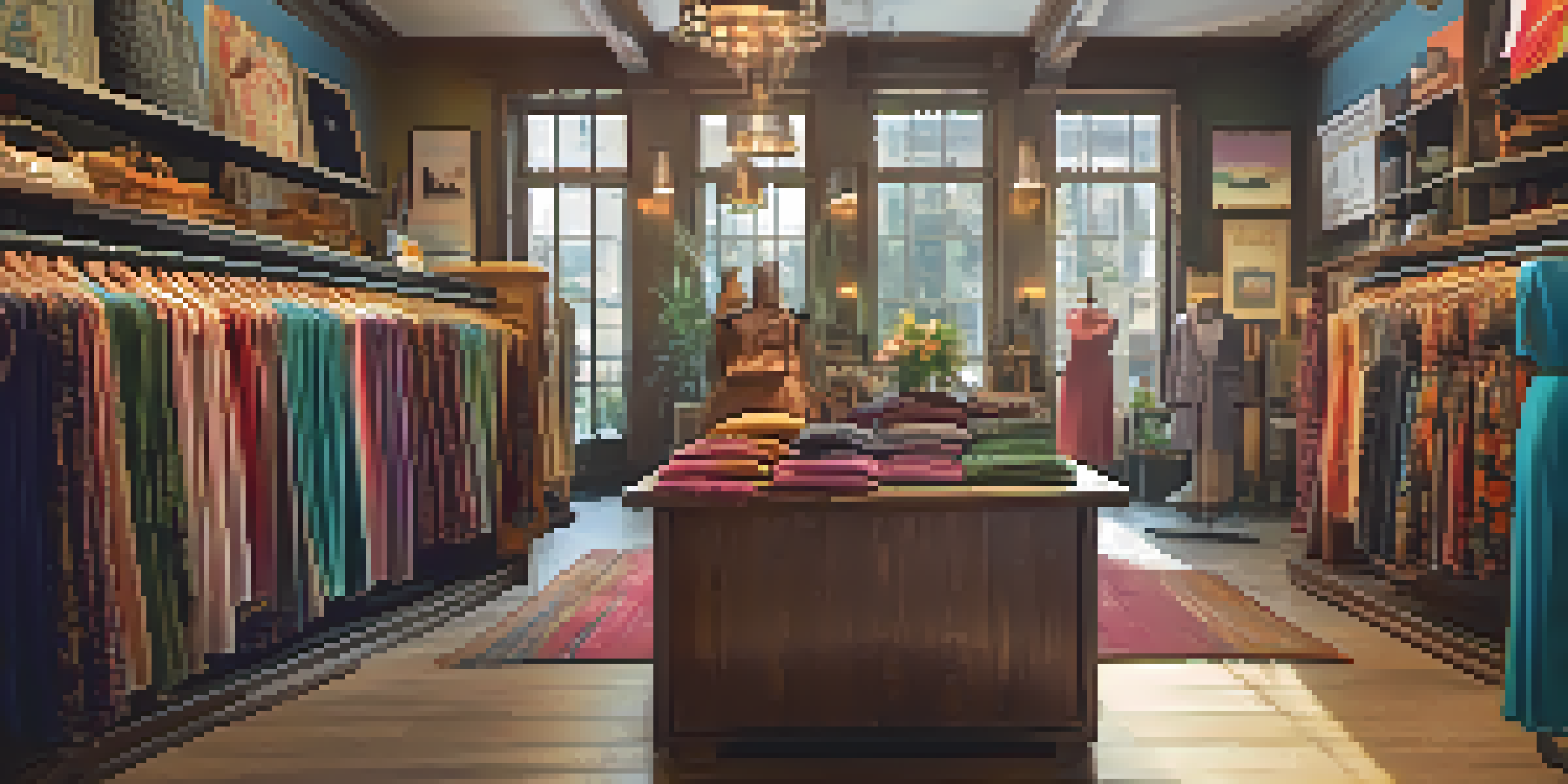 An interior view of a charming vintage boutique with colorful clothing and accessories, warm lighting, and a shopkeeper helping a customer.