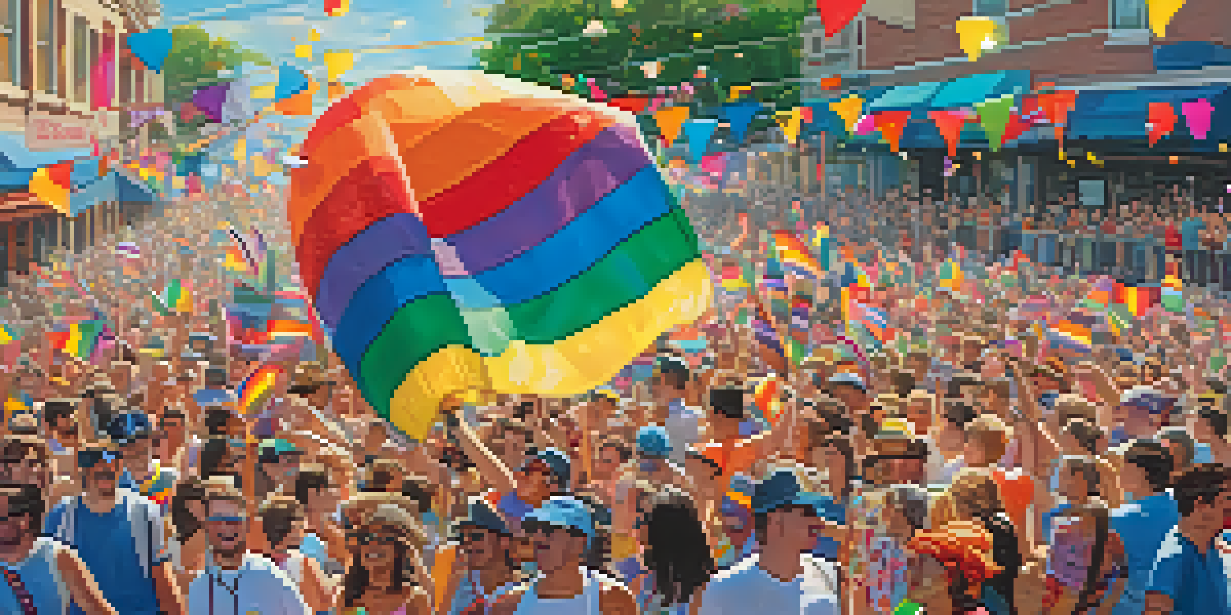 A colorful float at the Austin Pride Parade with rainbow flags, surrounded by participants in traditional outfits and cheering spectators under a bright blue sky.