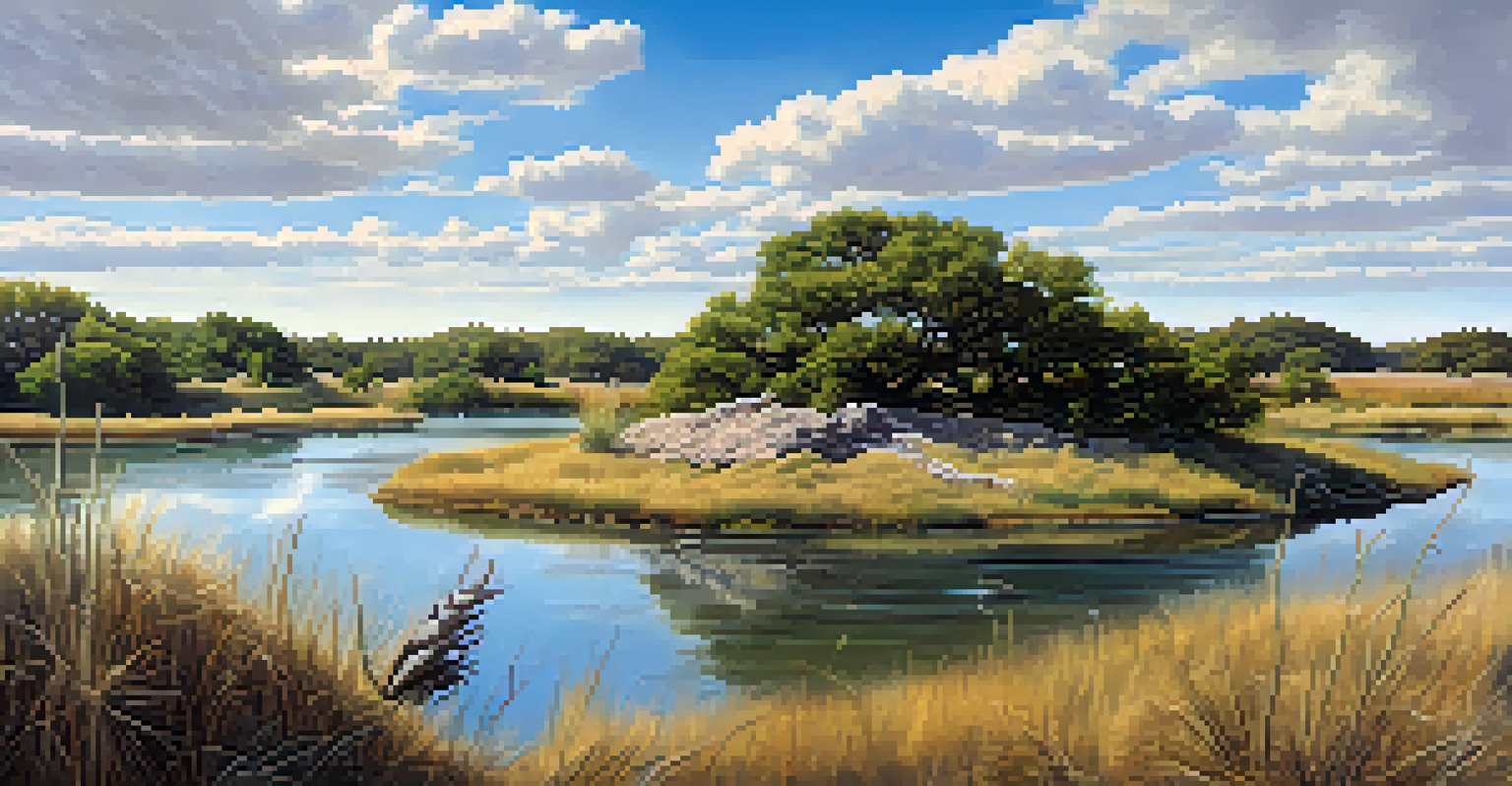 A wide view of a preserved habitat in Austin with wetlands and grasslands, showcasing a Texas horned lizard on a rock under a blue sky.