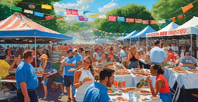 A lively barbecue festival scene with pitmasters grilling meats, festival-goers enjoying their food, and colorful food truck banners.