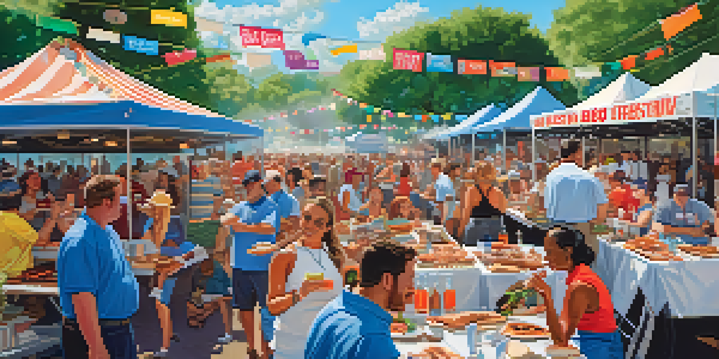 A lively barbecue festival scene with pitmasters grilling meats, festival-goers enjoying their food, and colorful food truck banners.