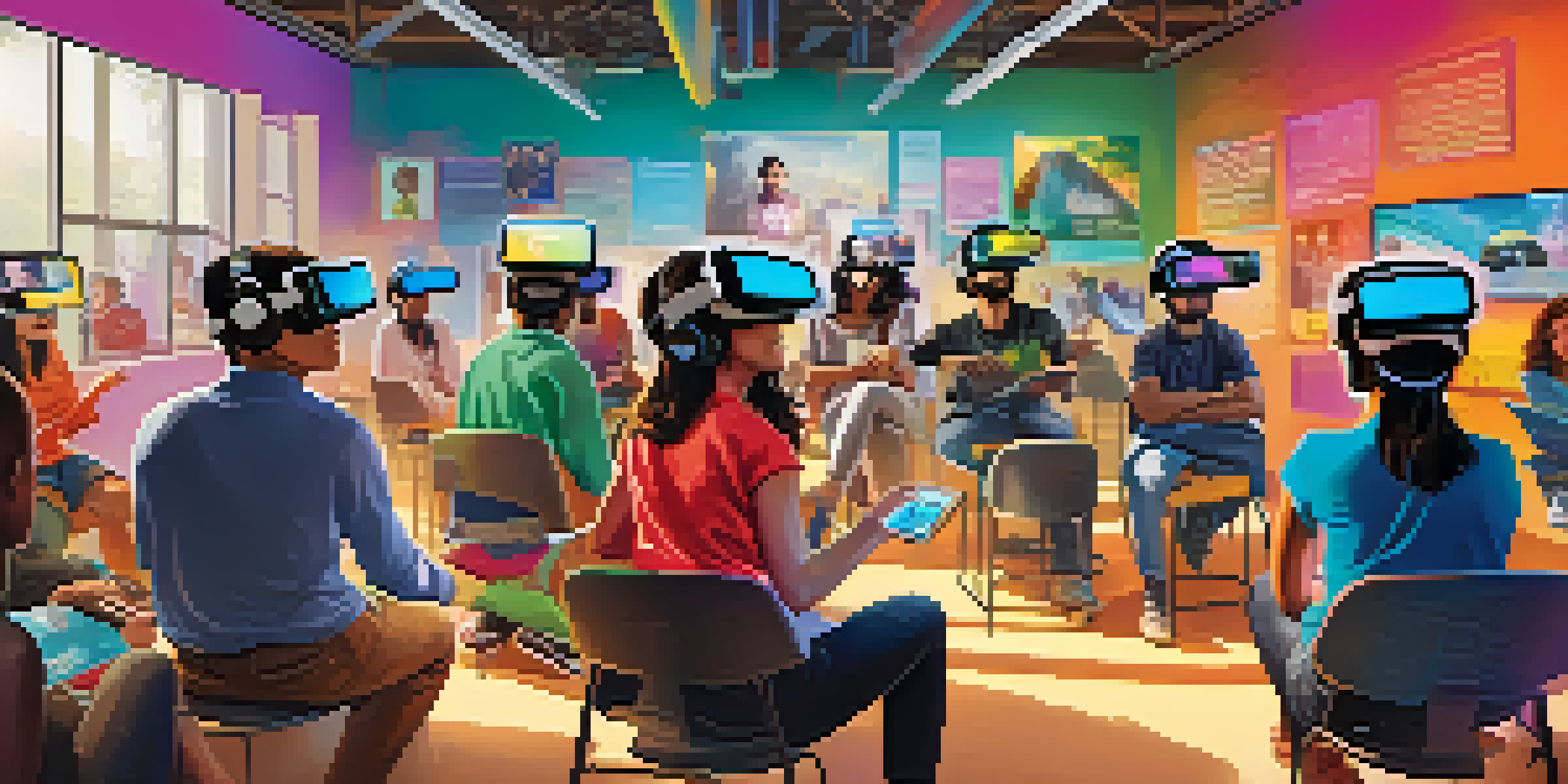 A group of diverse students immersed in a virtual reality classroom, exploring interactive educational content with colorful displays around them.