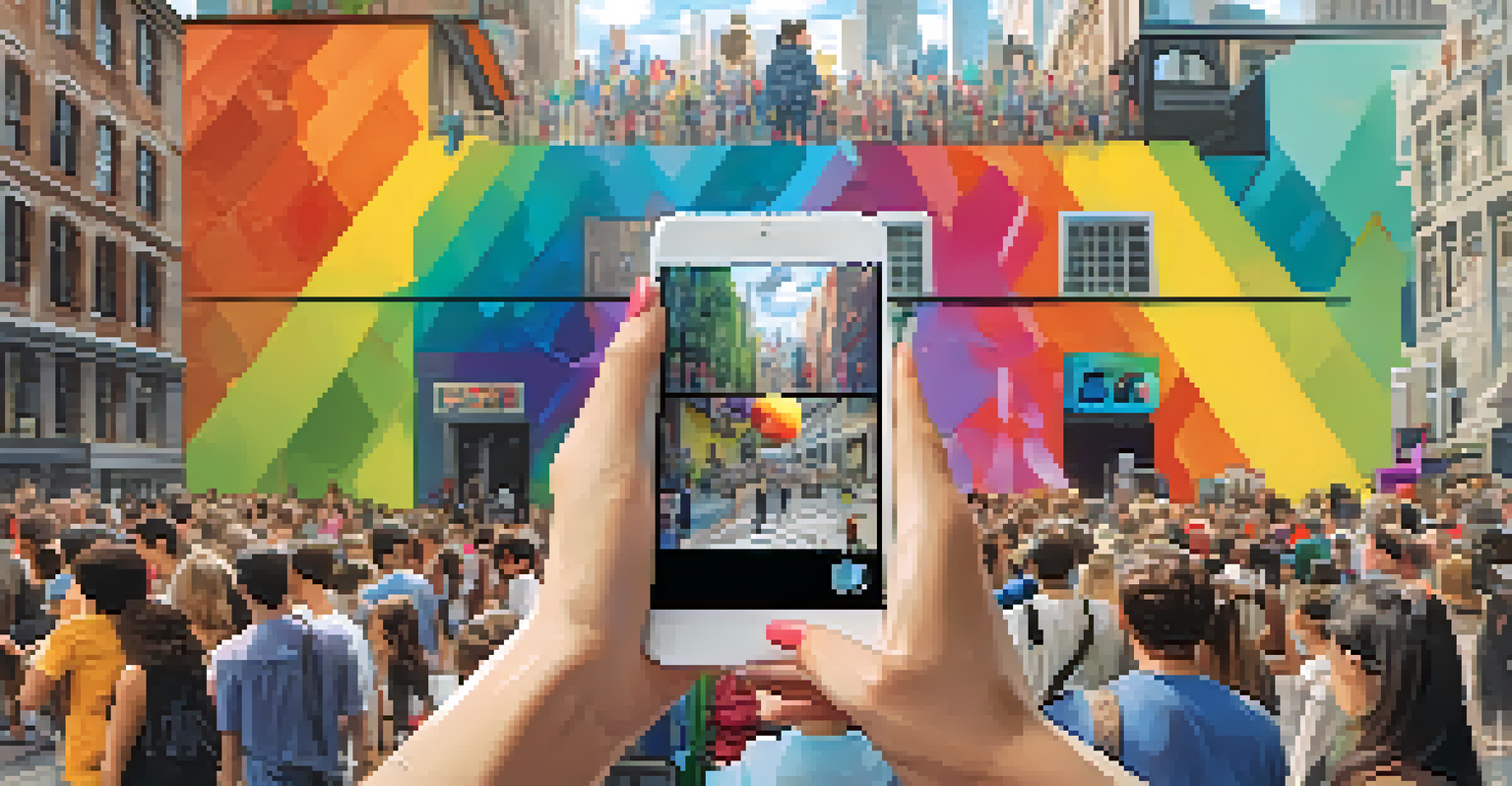 A person scanning a mural with their smartphone, revealing colorful animations in a busy city street filled with people.