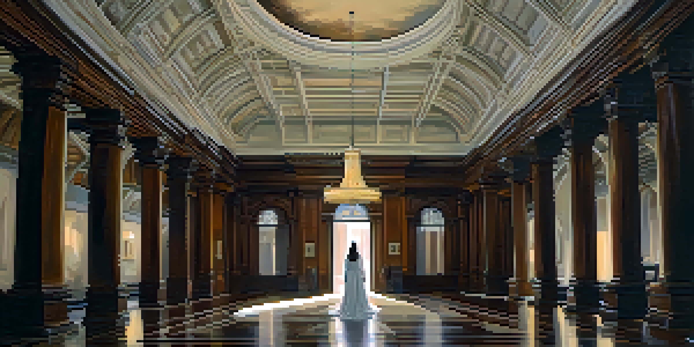 A dimly lit corridor in the Texas State Capitol with grand architecture and a ghostly figure in a white gown near a window.