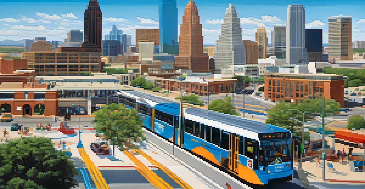 Aerial view of Austin's public transportation network, highlighting the light rail, bus routes, and bike lanes with the Colorado River in the background.