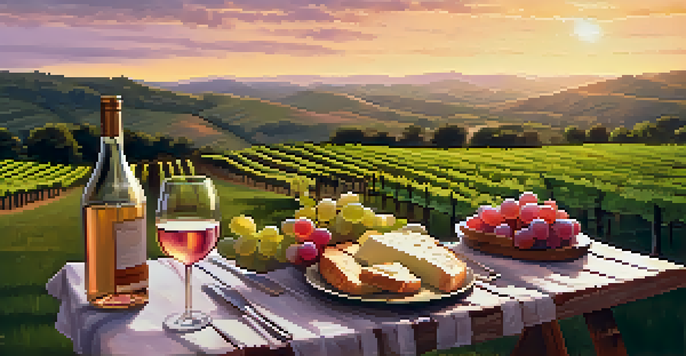 A beautiful vineyard in Texas Hill Country with green grapevines and a sunset sky, featuring a picnic table set with wine and cheese.