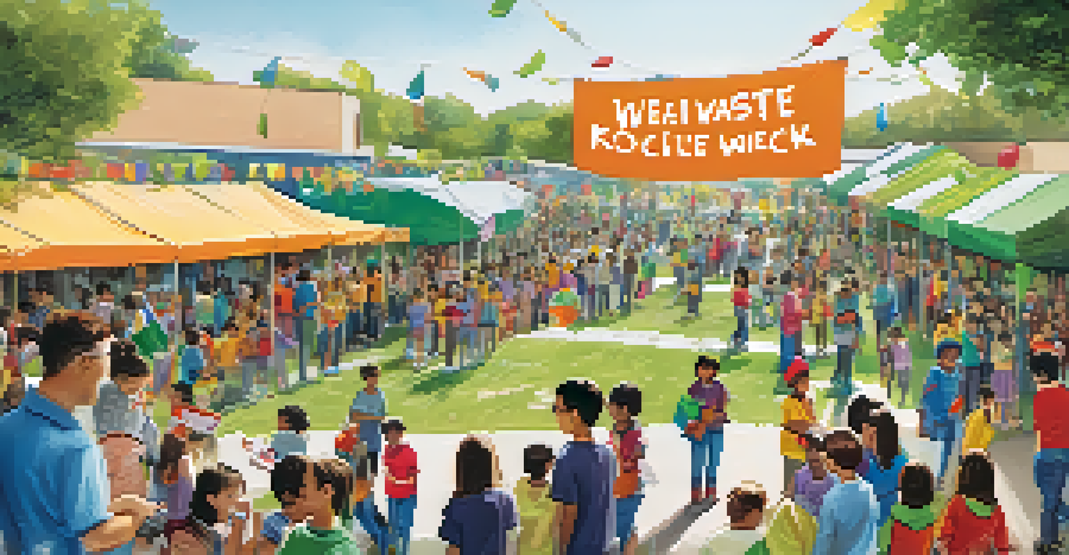 A festive outdoor event for 'Waste Reduction Week' with families and students celebrating sustainability projects.